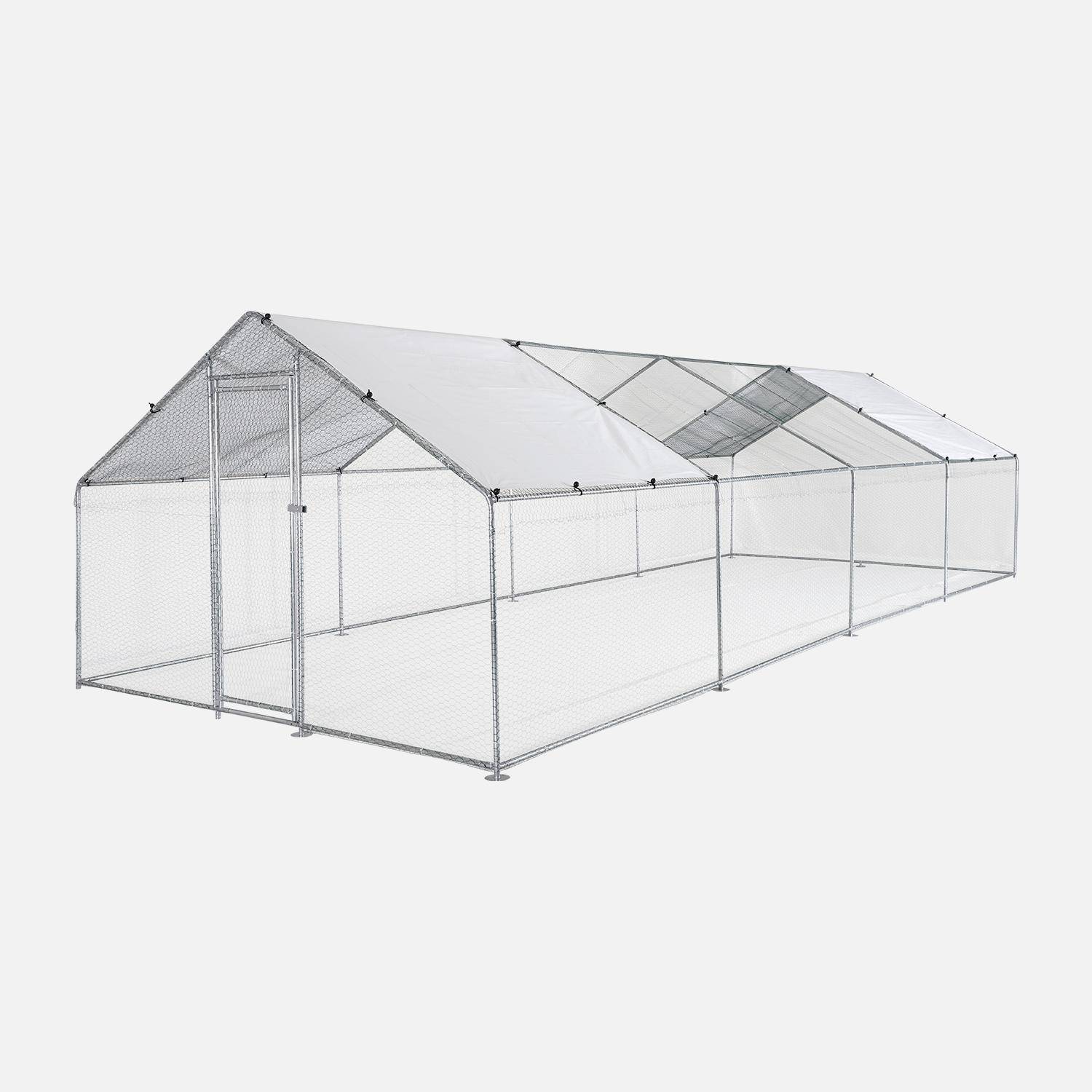 Enclos pour poulailler 24 m² - Babette - Volière en acier galvanisé, bâche de toit imperméable et anti UV, porte avec loquet, enclos pour animaux 3x8m Photo1