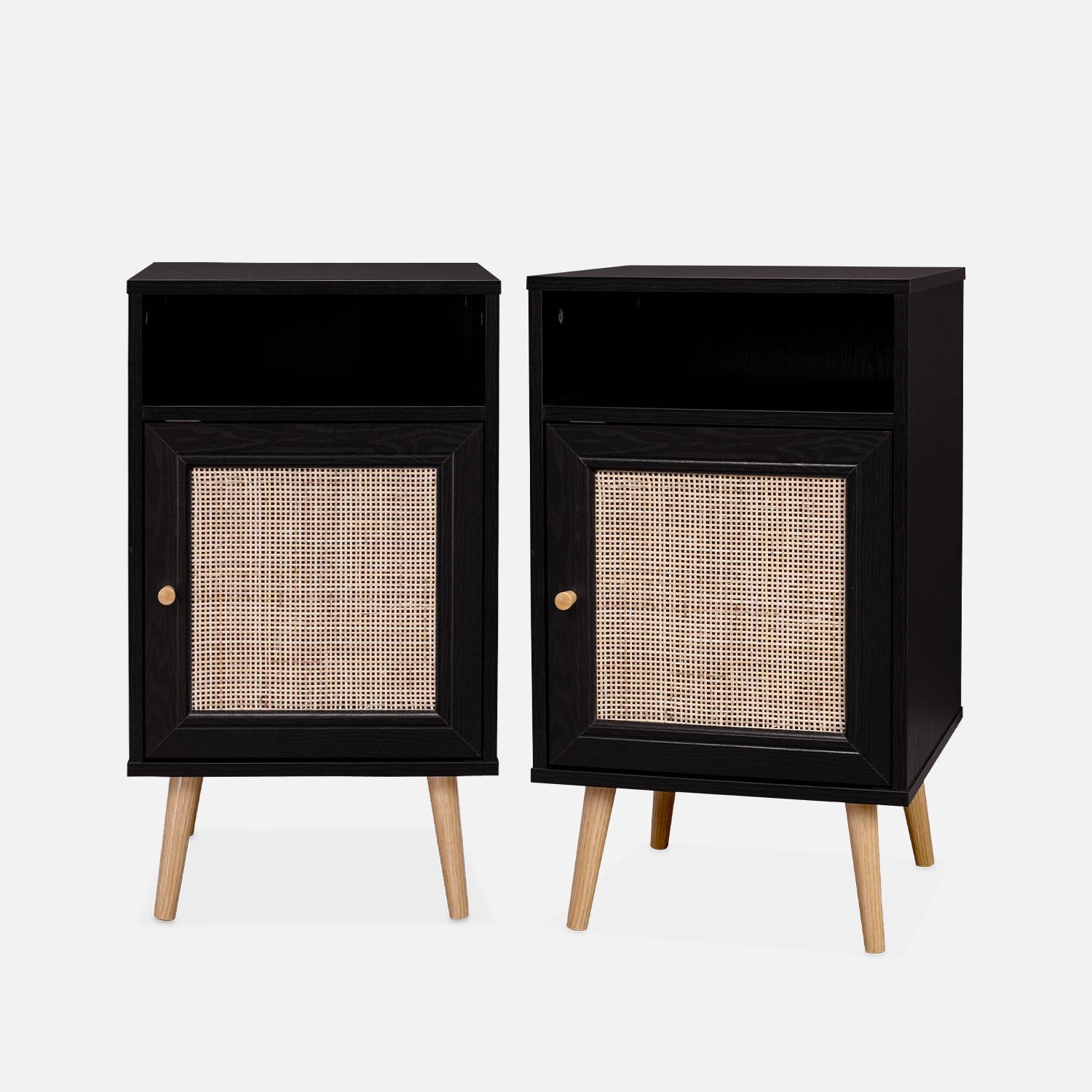 Pair of Scandi-style wood and cane rattan bedside tables with cupboard | sweeek