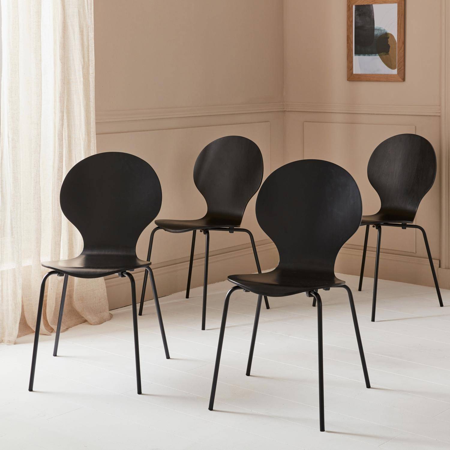 Lot de 4 chaises noires rétro empilables, bois d'hévéa et contreplaqué, pieds en acier, Naomi, L 43 x P 48 x H 87cm,sweeek,Photo2
