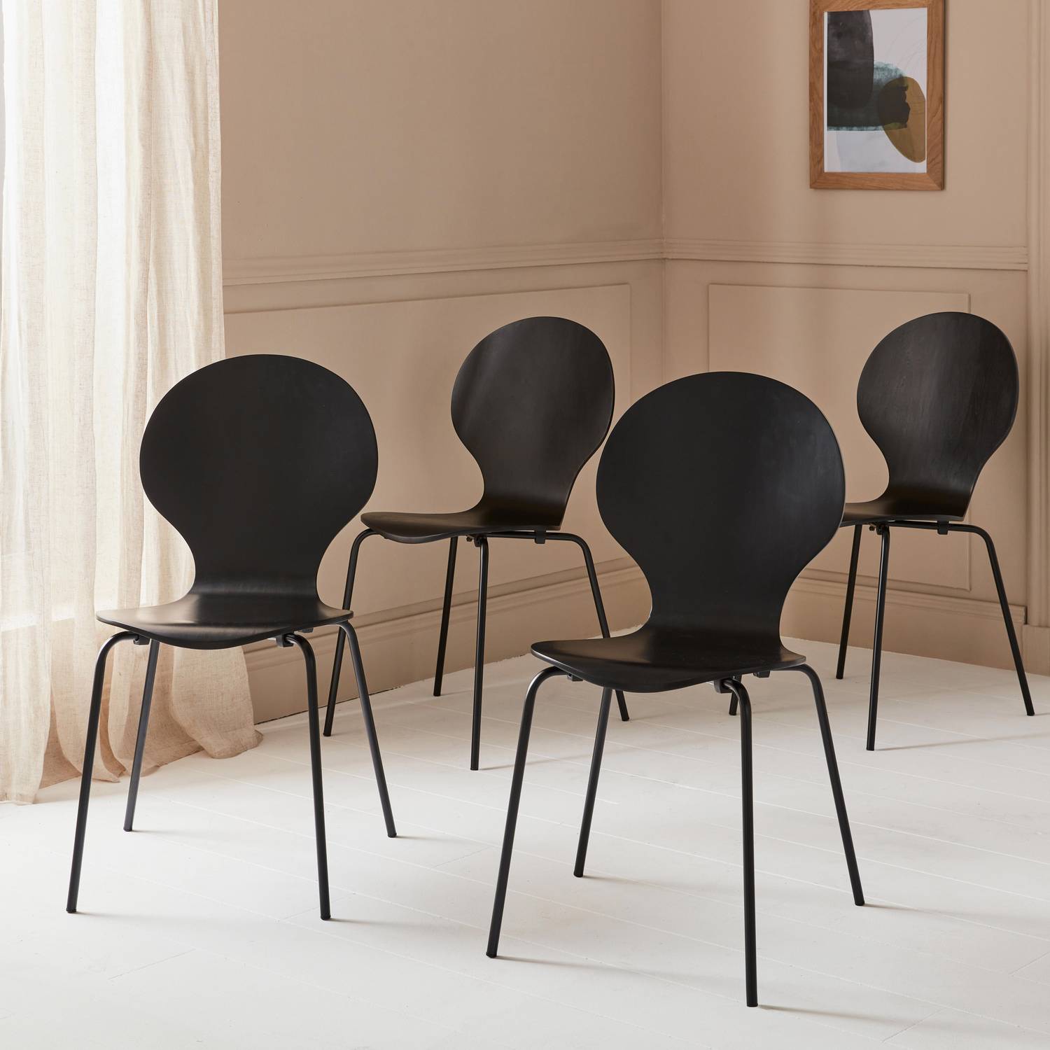Conjunto de 4 cadeiras empilháveis retro pretas, madeira de hevea e contraplacado, pernas de aço, Naomi, L 43 x P 48 x A 87cm Photo2