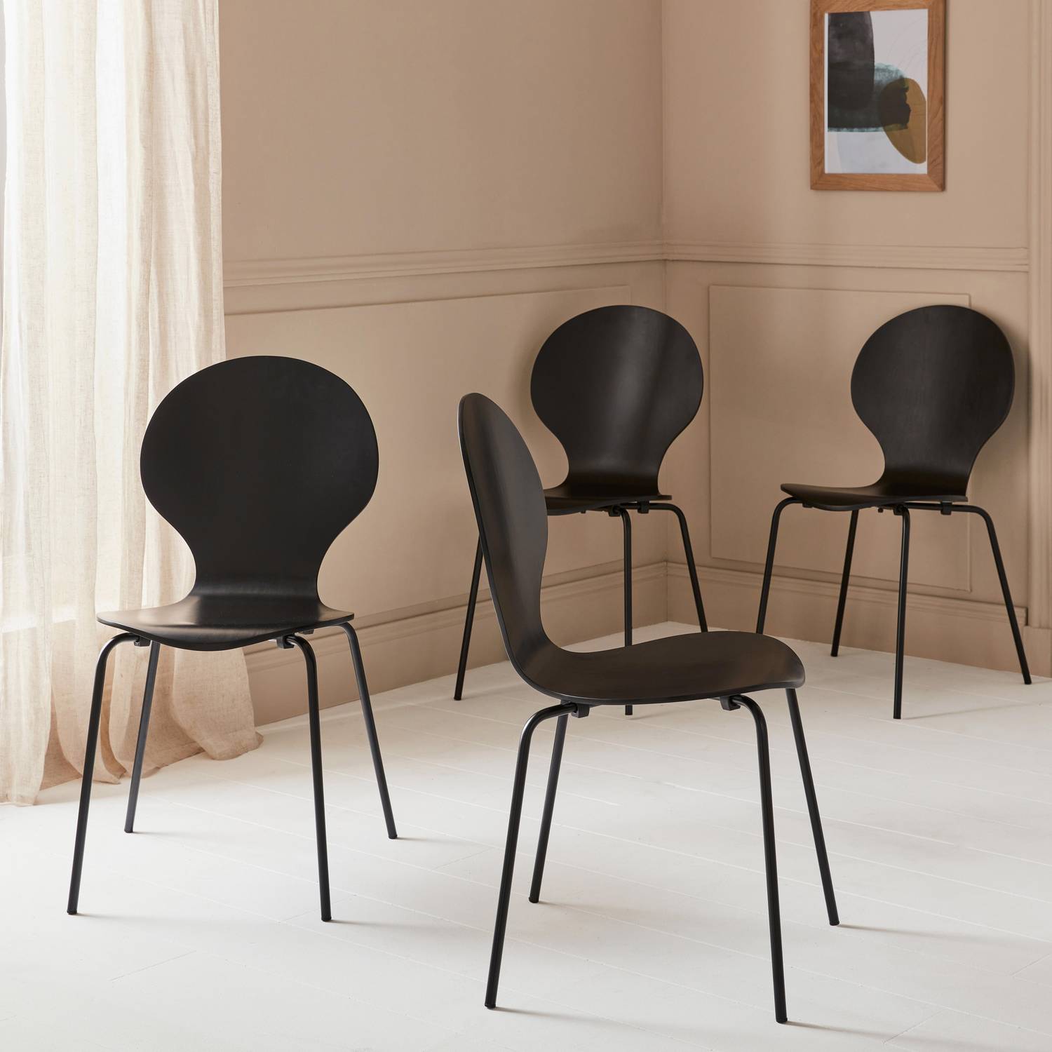 Set of 4 stackable Retro Chairs, Wood and Plywood, black,  L43 x W48 x H87cm Photo1