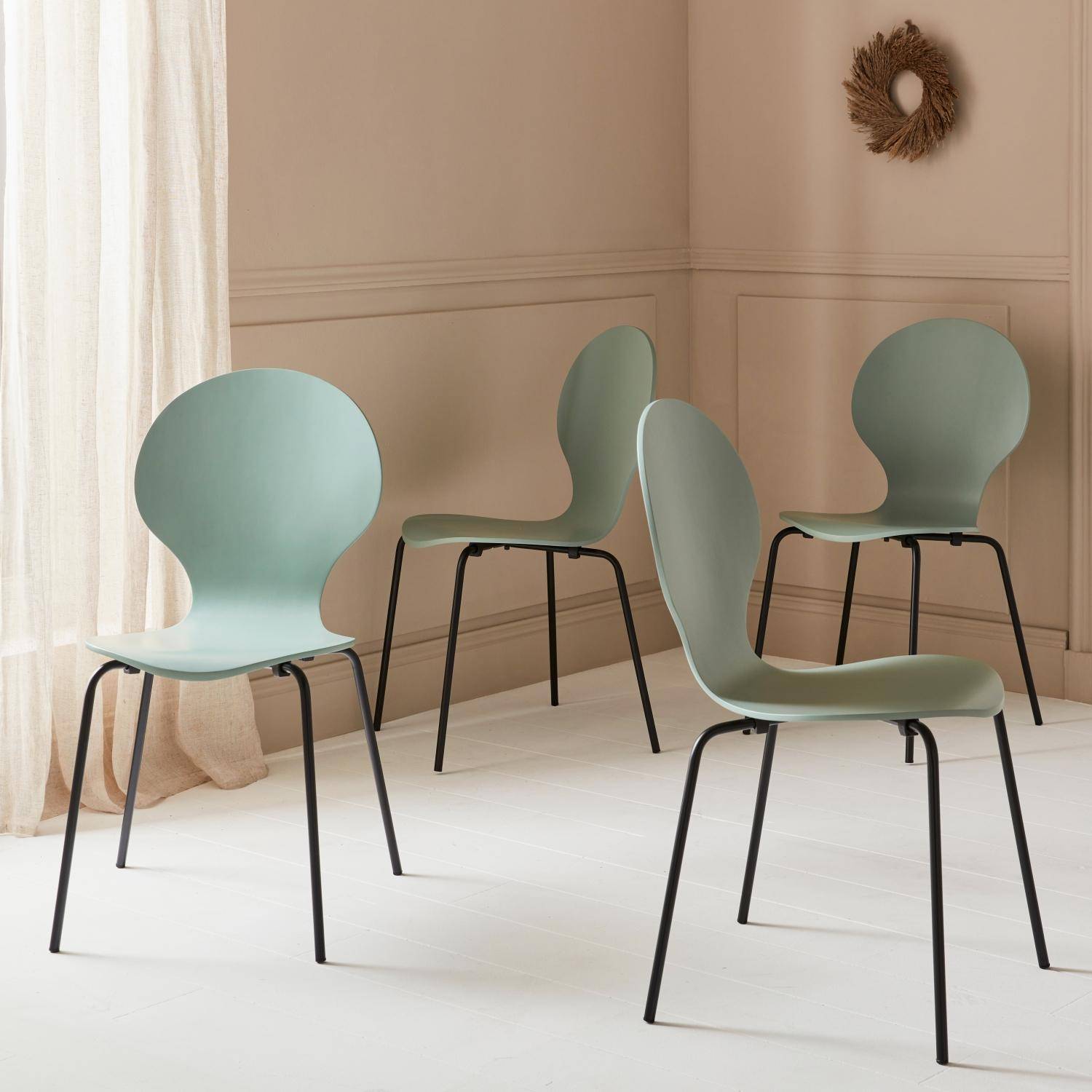 Conjunto de 4 cadeiras empilháveis retro verde celadon, madeira de seringueira e contraplacado, pernas de aço, Naomi, L 43 x P 48 x A 87 cm Photo8