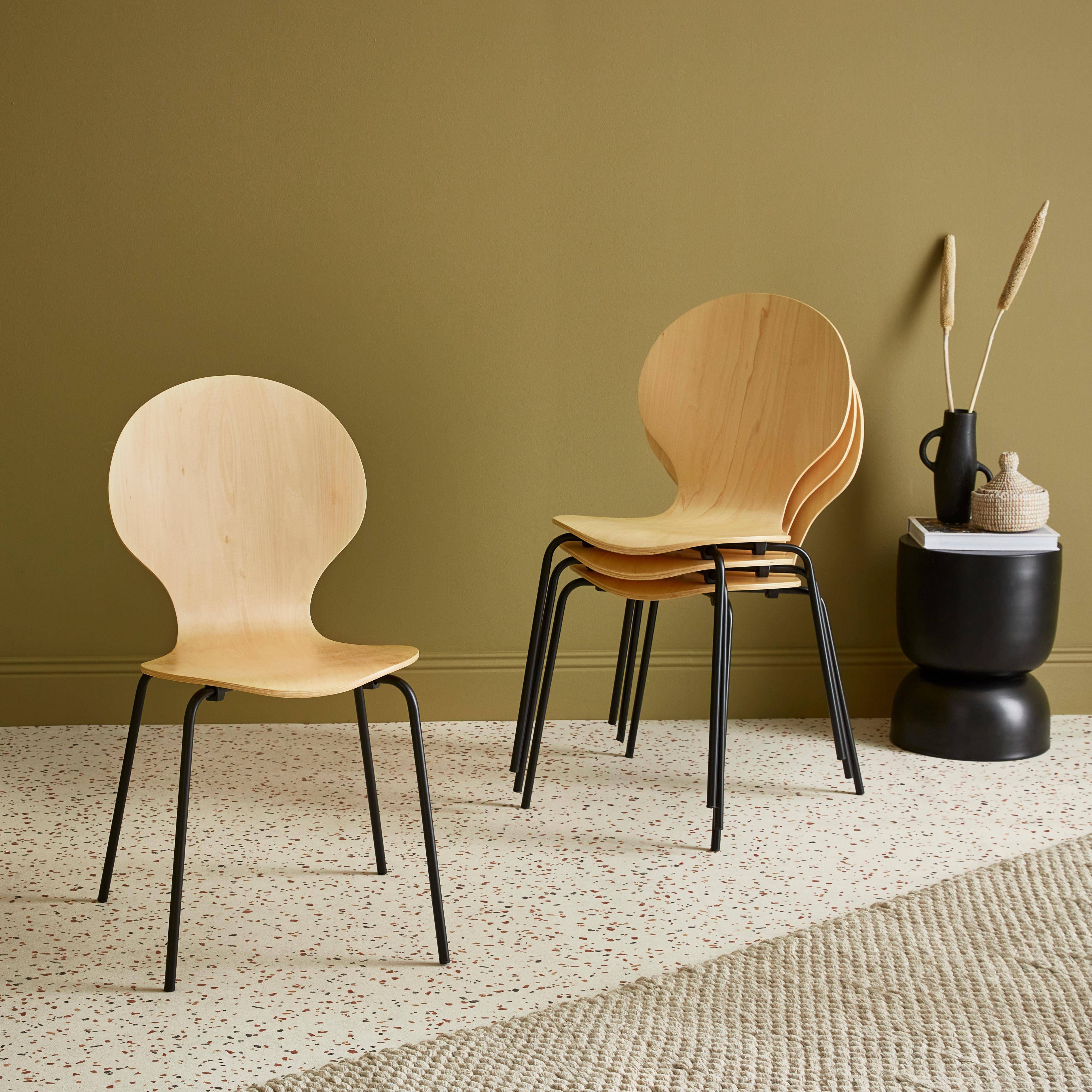 Conjunto de 4 cadeiras empilháveis retro naturais, madeira de hevea e contraplacado, pernas de aço, Naomi, L 43 x P 48 x A 87cm,sweeek,Photo2