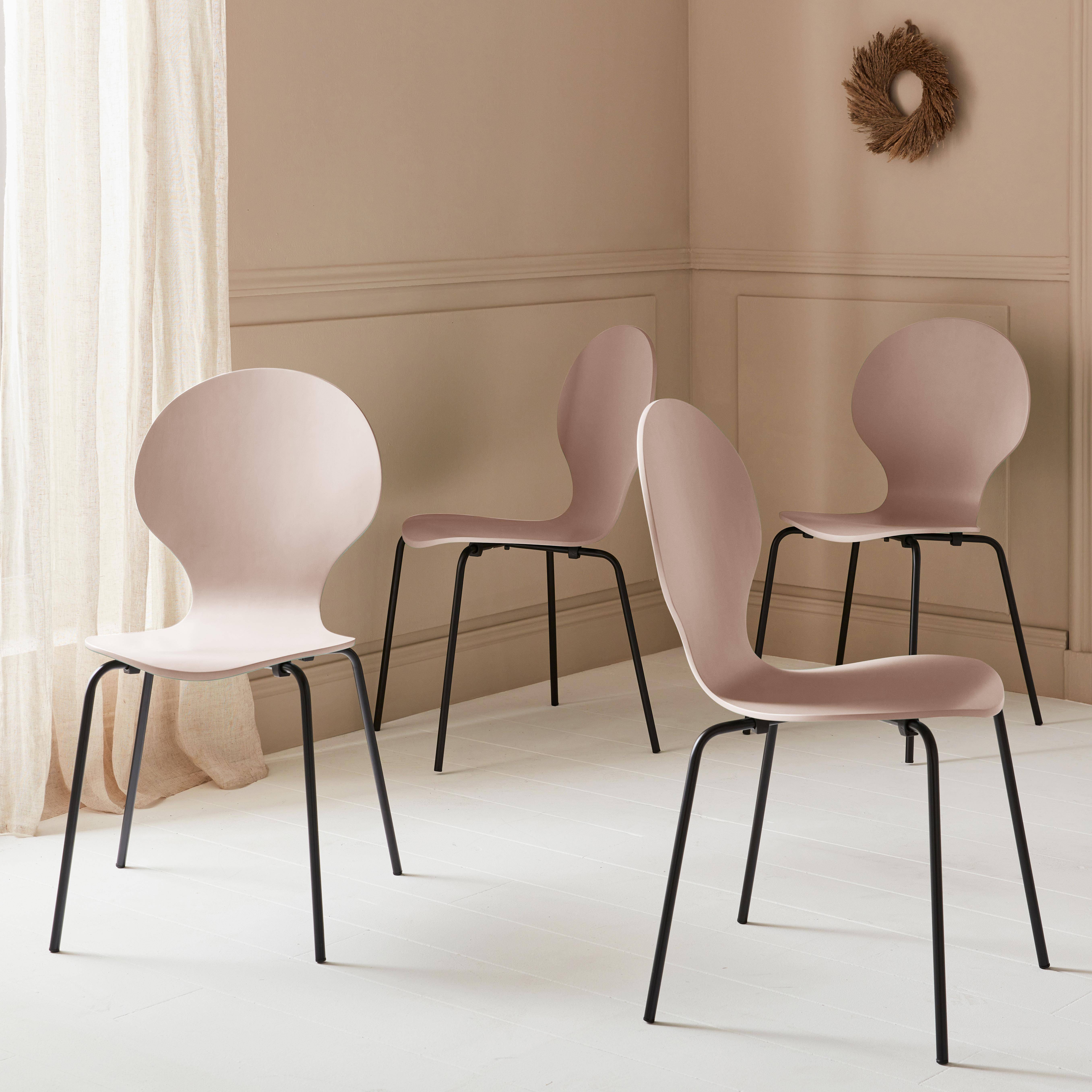 Set van 4 retro roze stapelstoelen, hevea hout en multiplex, stalen poten, Naomi, B 43 x D 48 x H 87cm,sweeek,Photo1