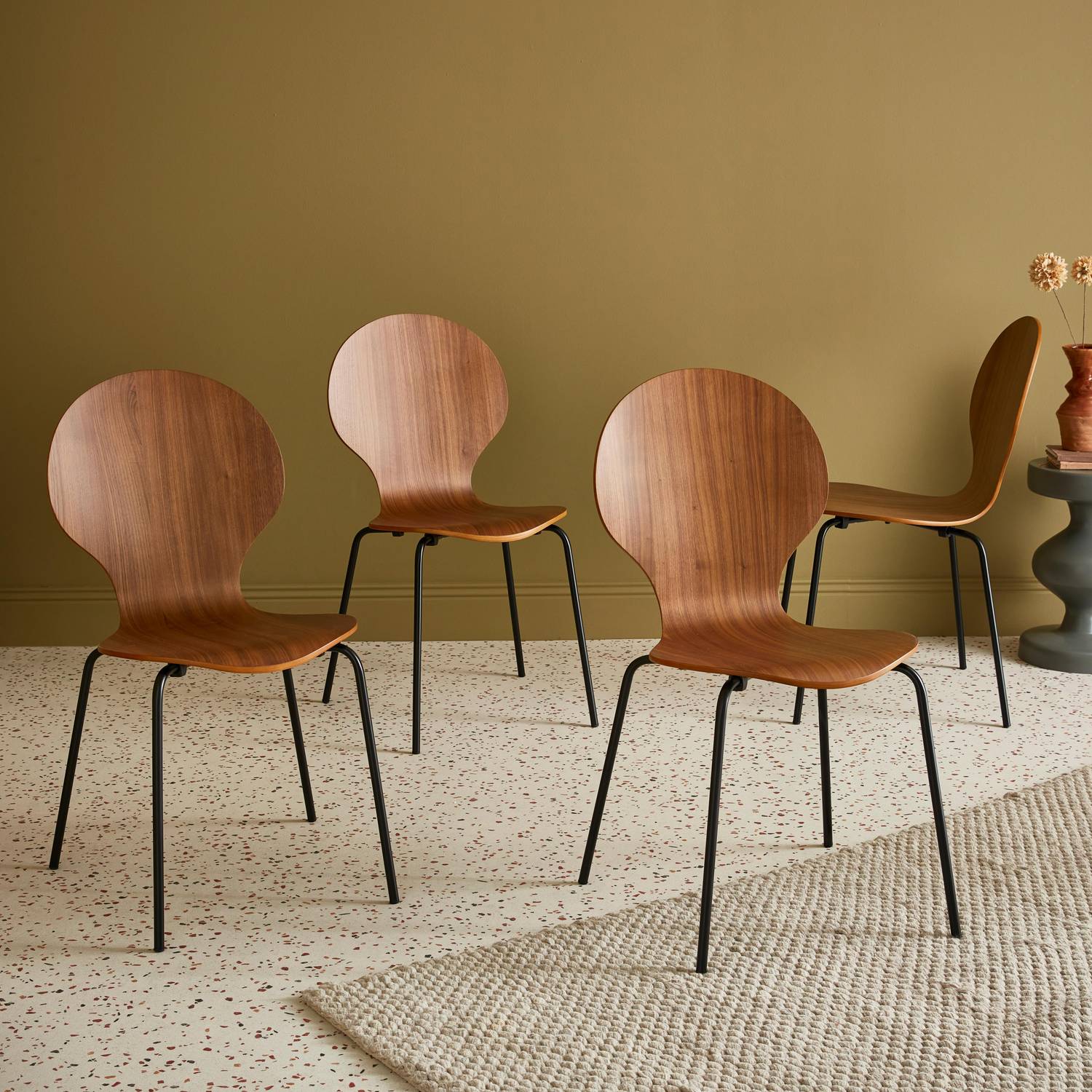 Conjunto de 4 cadeiras de nogueira, empilhamento retro, madeira de hevea e contraplacado, pernas de aço, Naomi, L 43 x P 48 x A 87cm Photo1