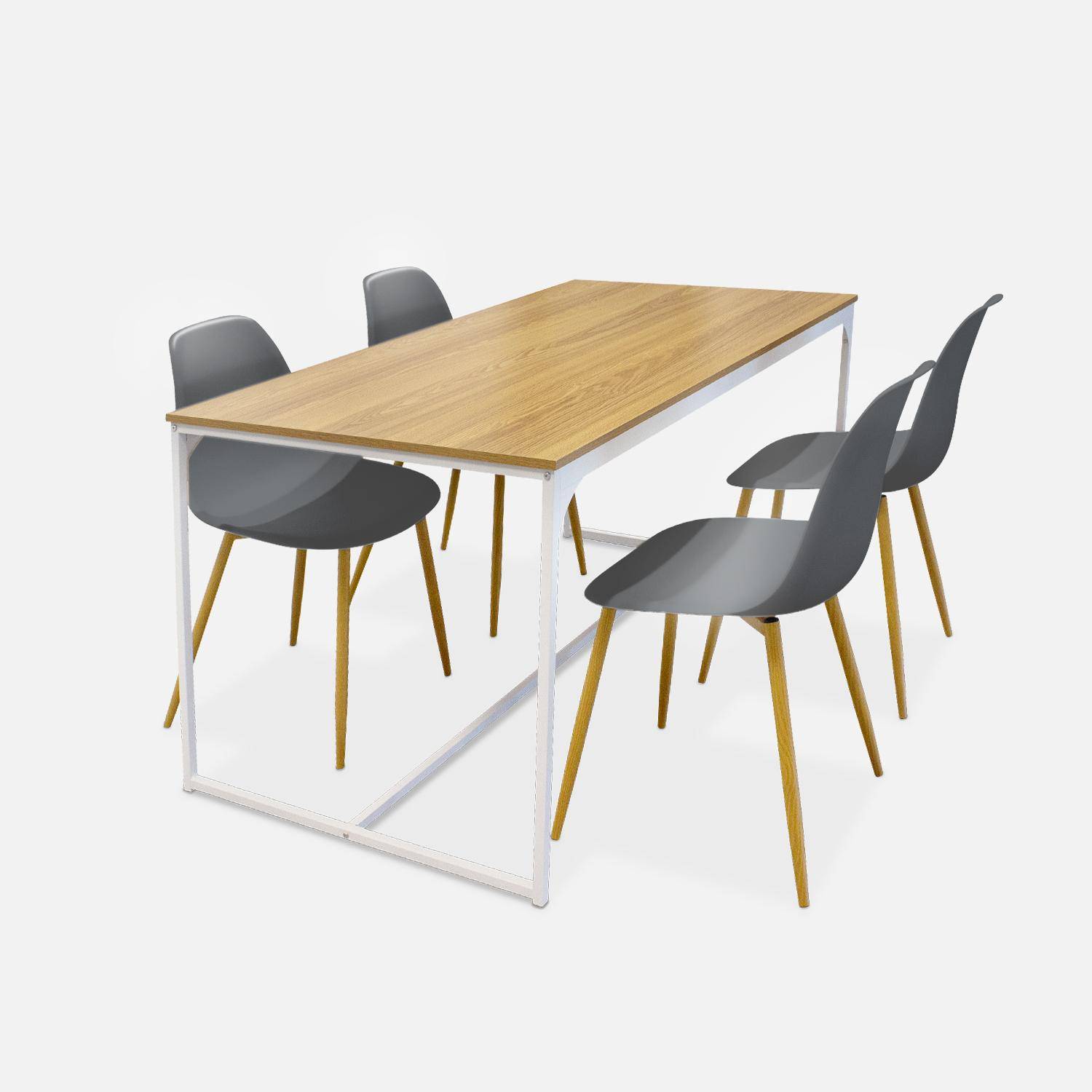 Rechthoekige eettafel van metaal en hout + 4 grijze Scandinavische stoelen Photo2