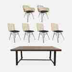 Tavolo da pranzo in legno e metallo, 190 cm + 2 poltrone e 4 sedie in rattan naturale, cuscini neri Photo1