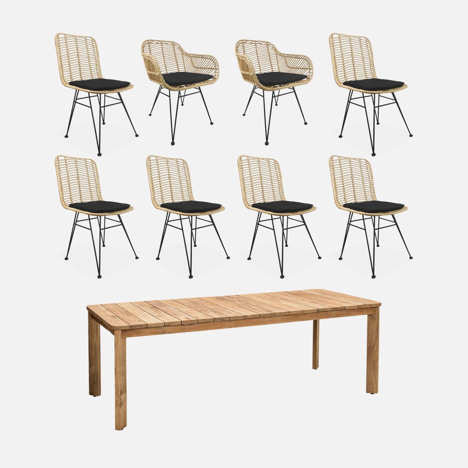 Teakholztisch 220 cm + 6 Stühle und 2 Sessel, schwarze Kissen | sweeek