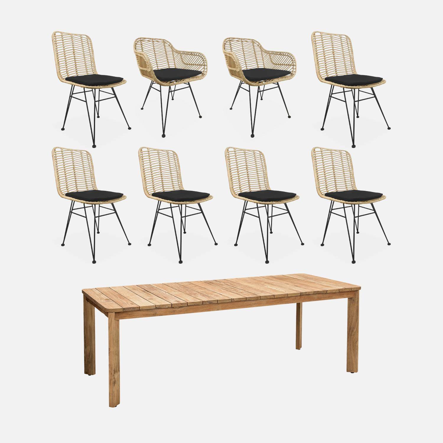 Table à manger en ancien teck recyclé FSC, 220cm + 6 chaises et 2 fauteuils en rotin naturel et métal, coussins noirs Photo1