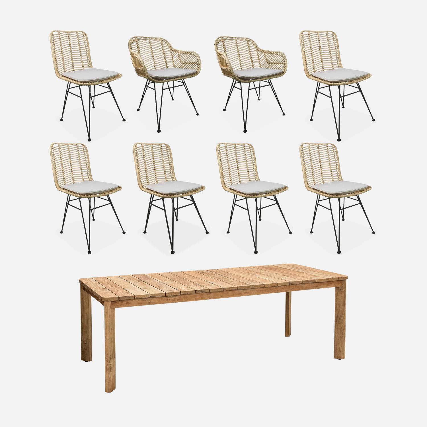 Teakholztisch 220 cm + 6 Stühle und 2 Sessel, naturfarbene Kissen | sweeek