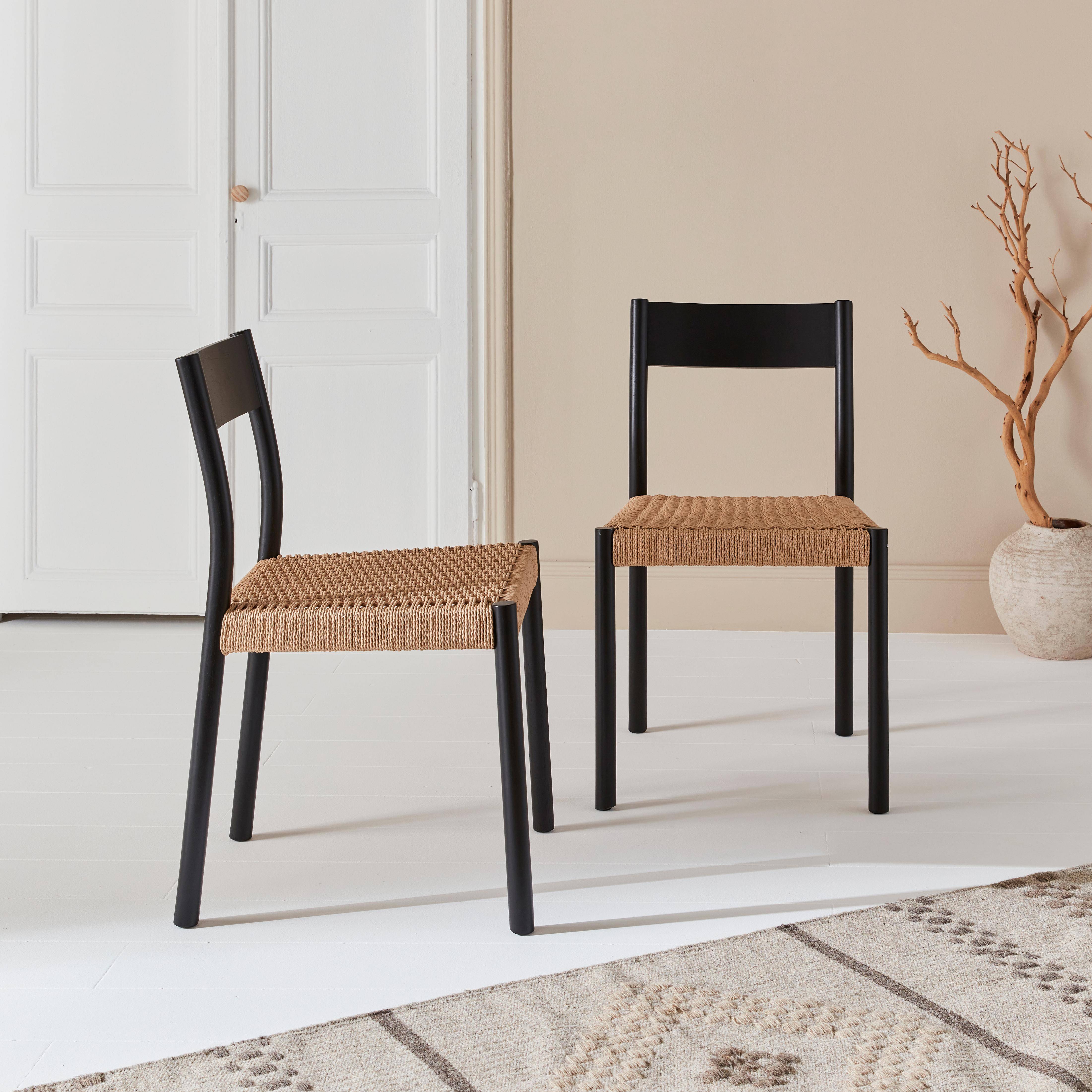 Pair of timeless design Wood and Rope Dining Room chairs, L49.5 x W53 x H82 cm, black Photo2