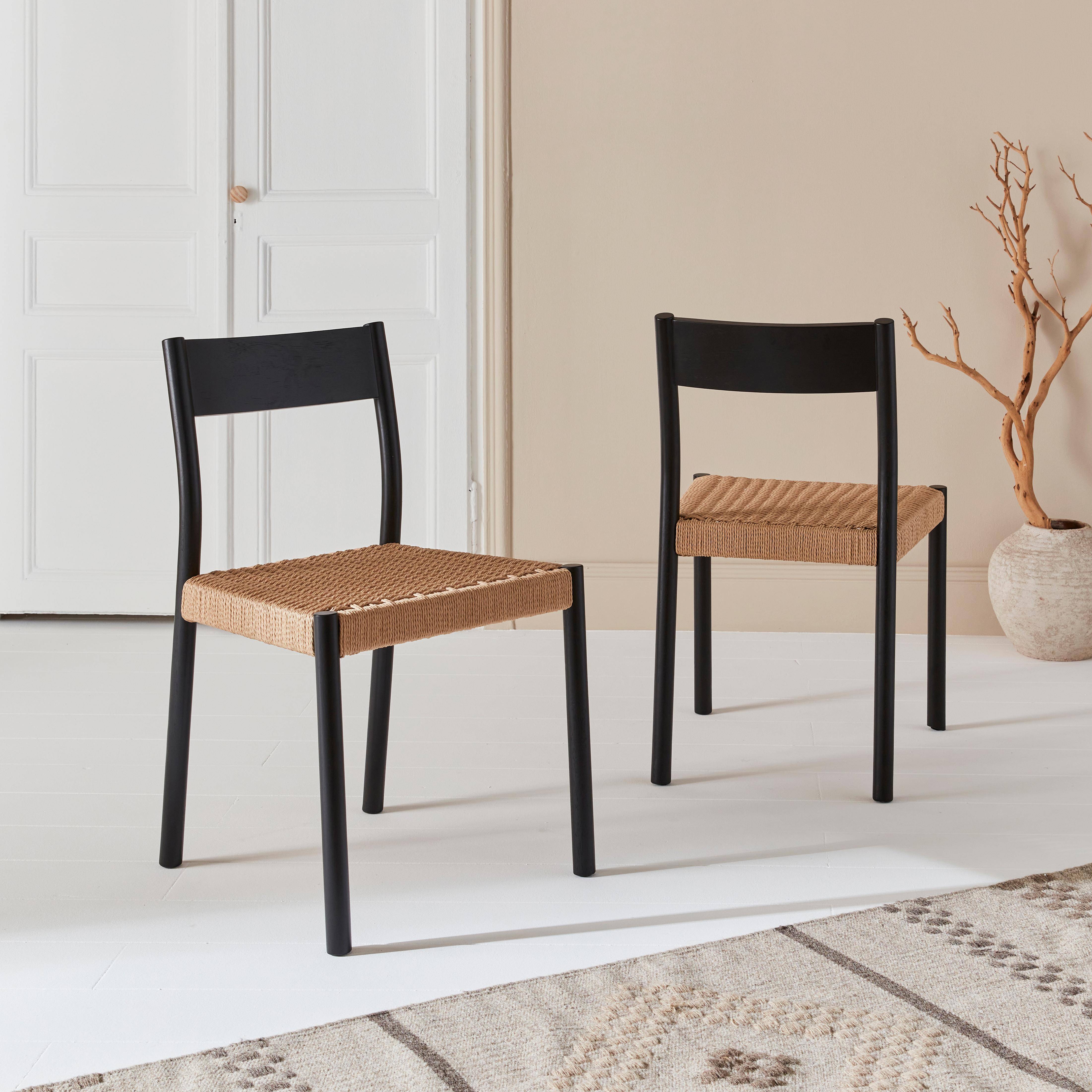 Pair of timeless design Wood and Rope Dining Room chairs, L49.5 x W53 x H82 cm, black Photo1