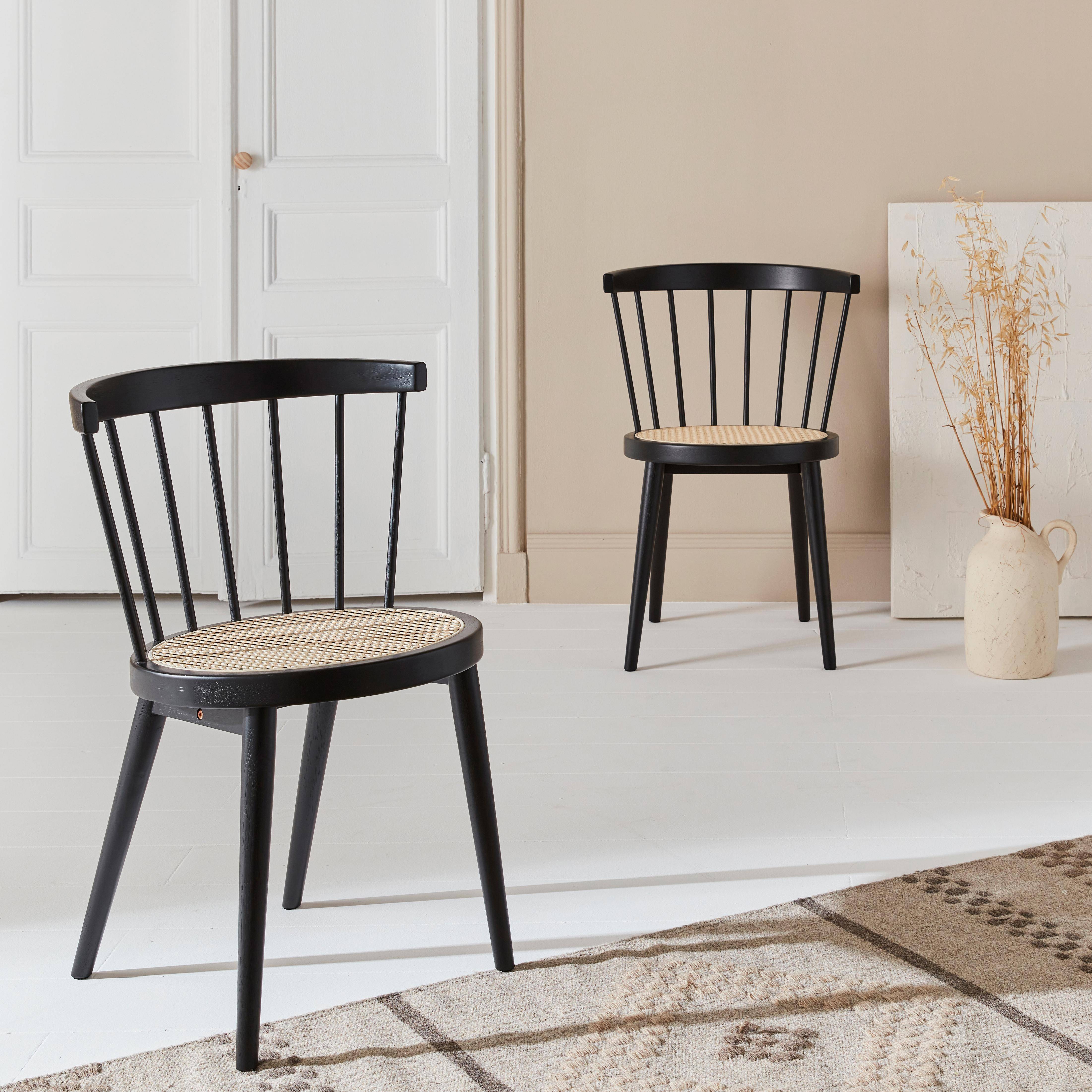 Pair of wood and cane dining chairs, W53 x D53.5 x H76cm, black,sweeek,Photo1