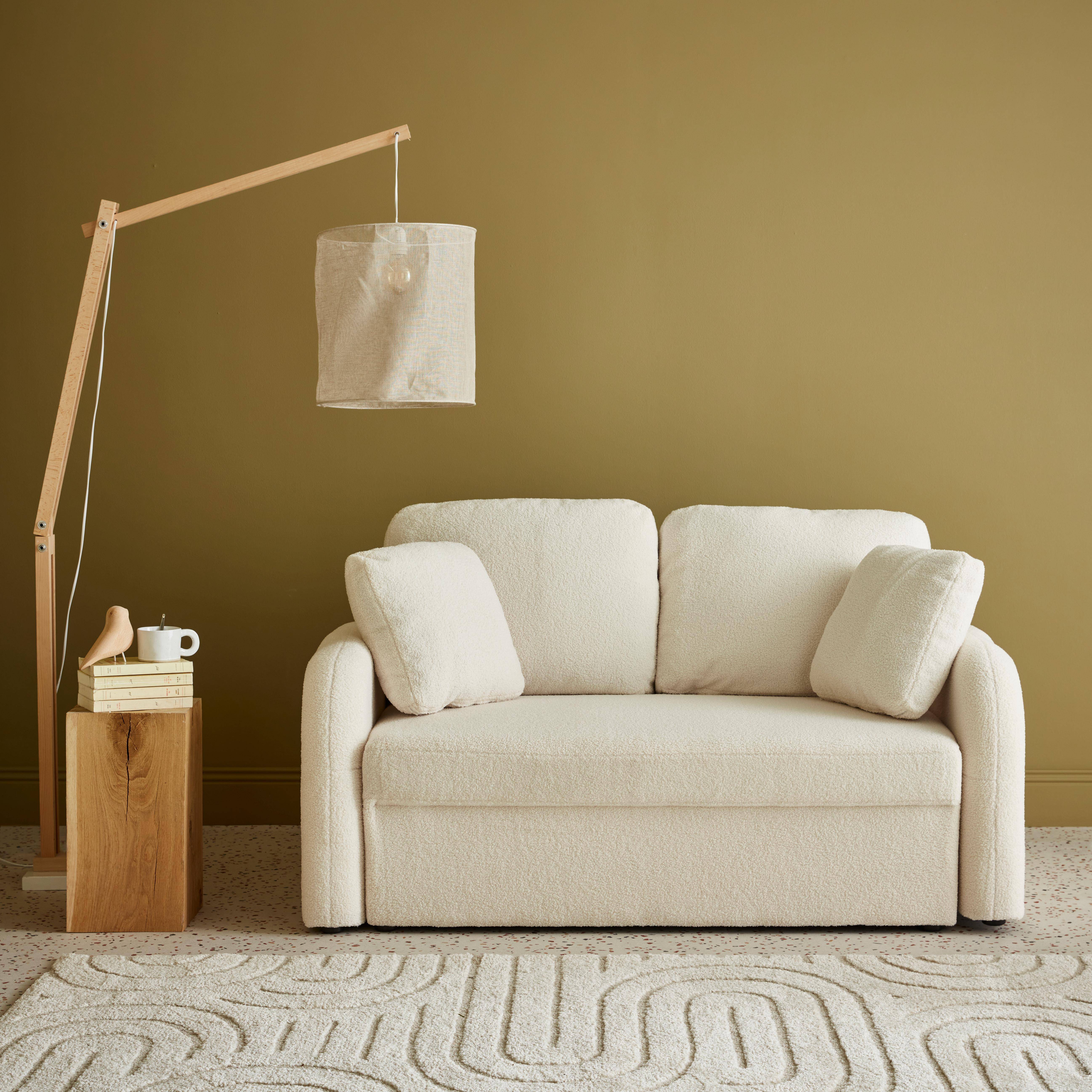 2-Sitzer-Sofa mit weißem Teddy Bouclé-Bezug, abgerundete Linien, Milano, B 150 x T 85 x H 85 cm Photo1