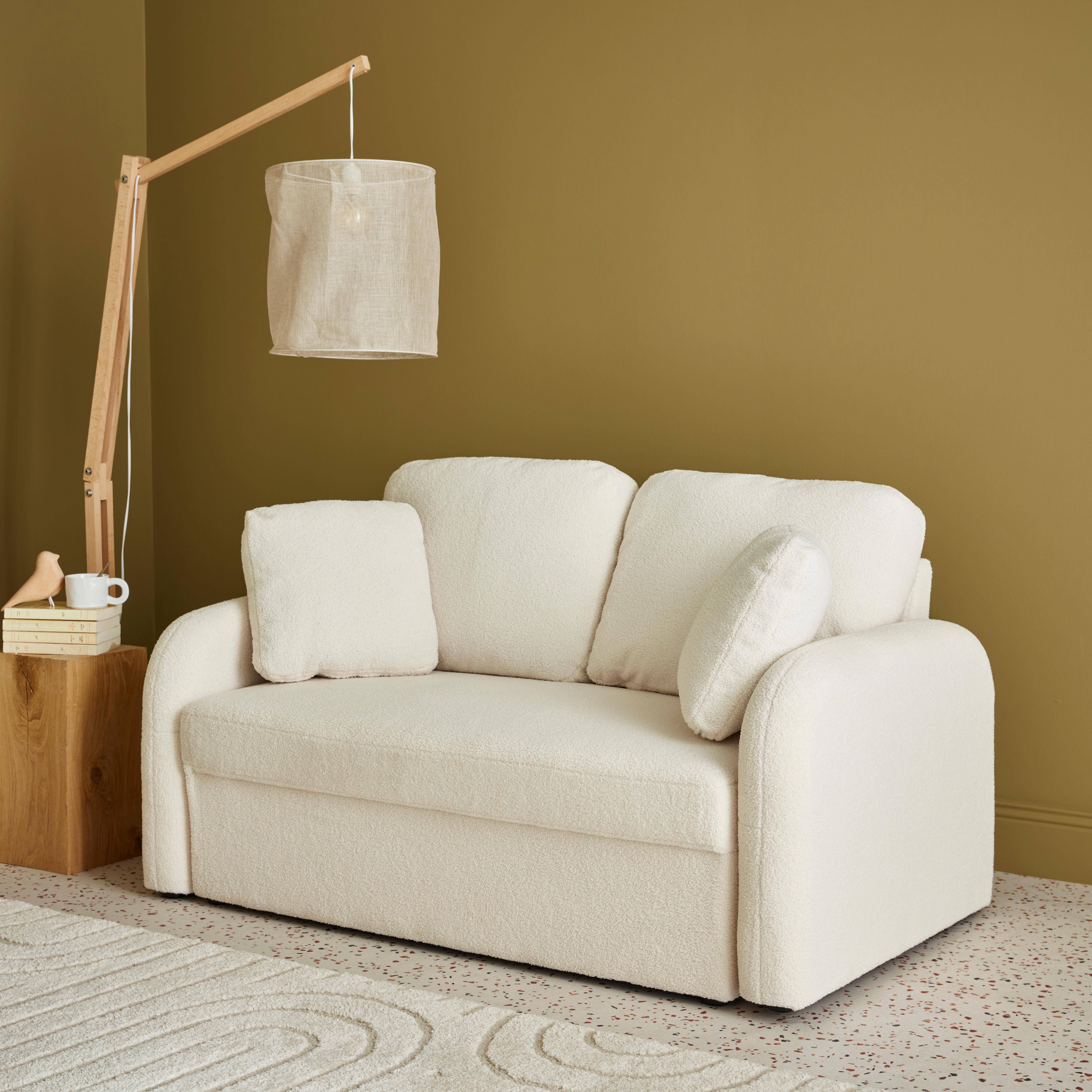 2-Sitzer-Sofa mit weißem Teddy Bouclé-Bezug, abgerundete Linien, Milano, B 150 x T 85 x H 85 cm Photo2