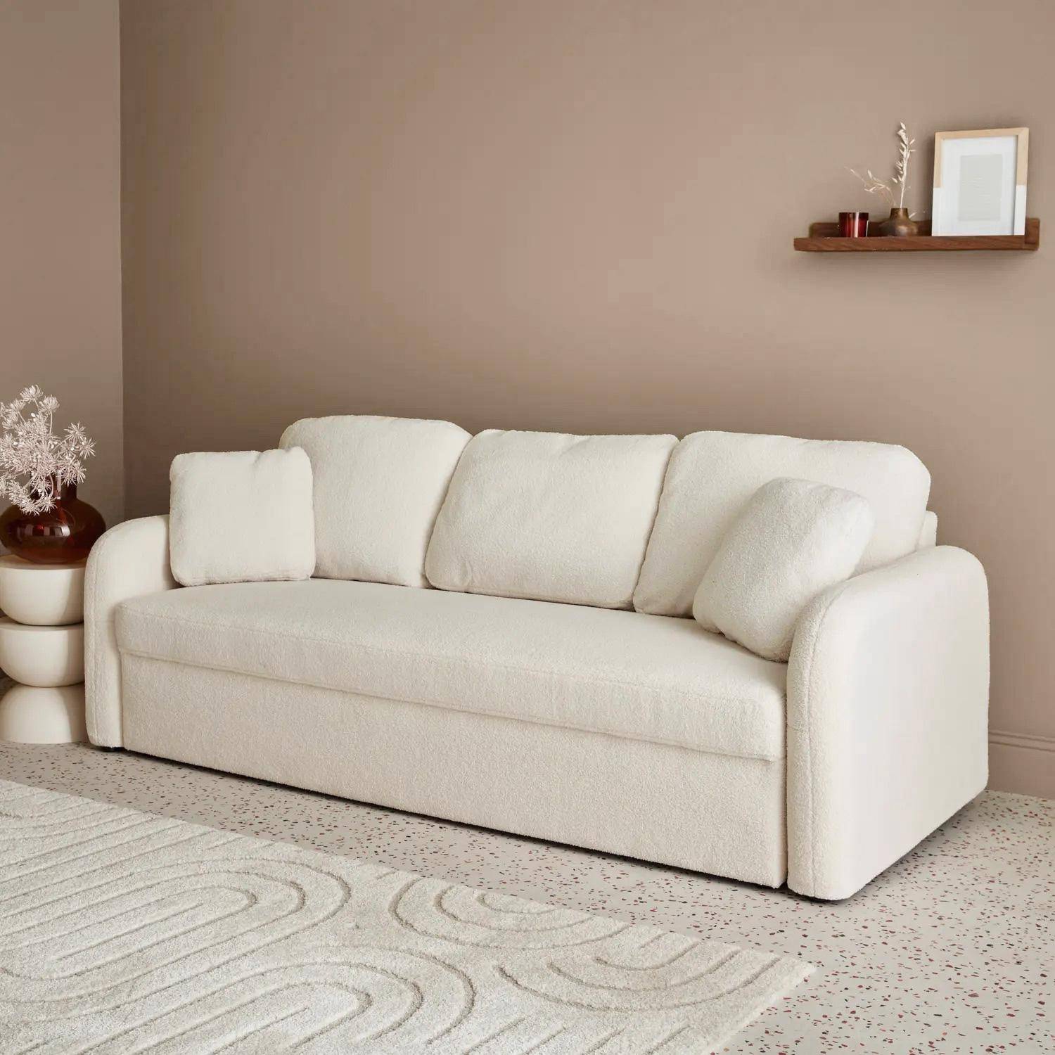 Zetel met 3 zitplaatsen afgeronde lijnen bouclé stof crème - Milano Photo2