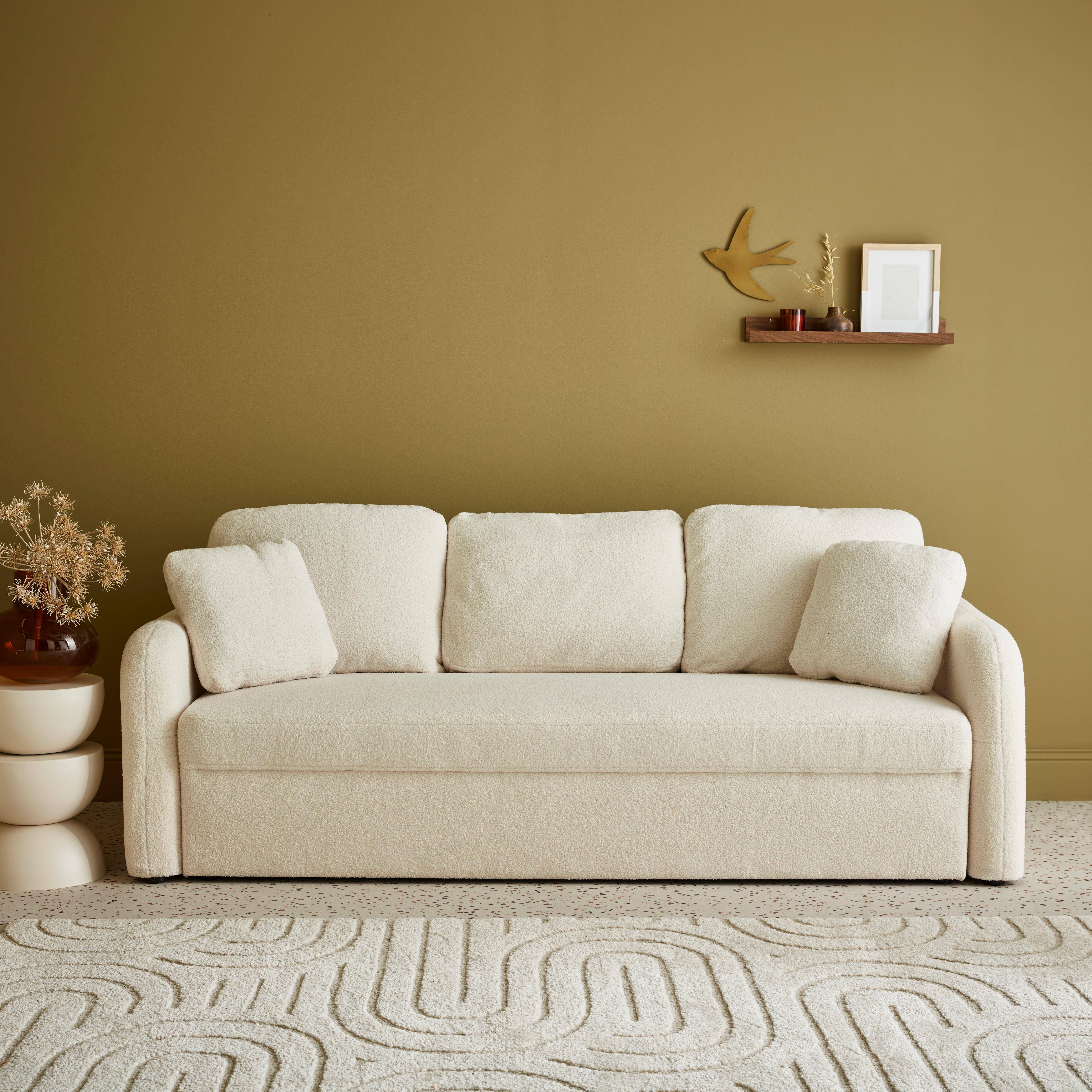 3-Sitzer-Sofa mit weißem Teddy Bouclé-Bezug, abgerundete Linien, Milano, B 210 x T 85 x H 85cm Photo1