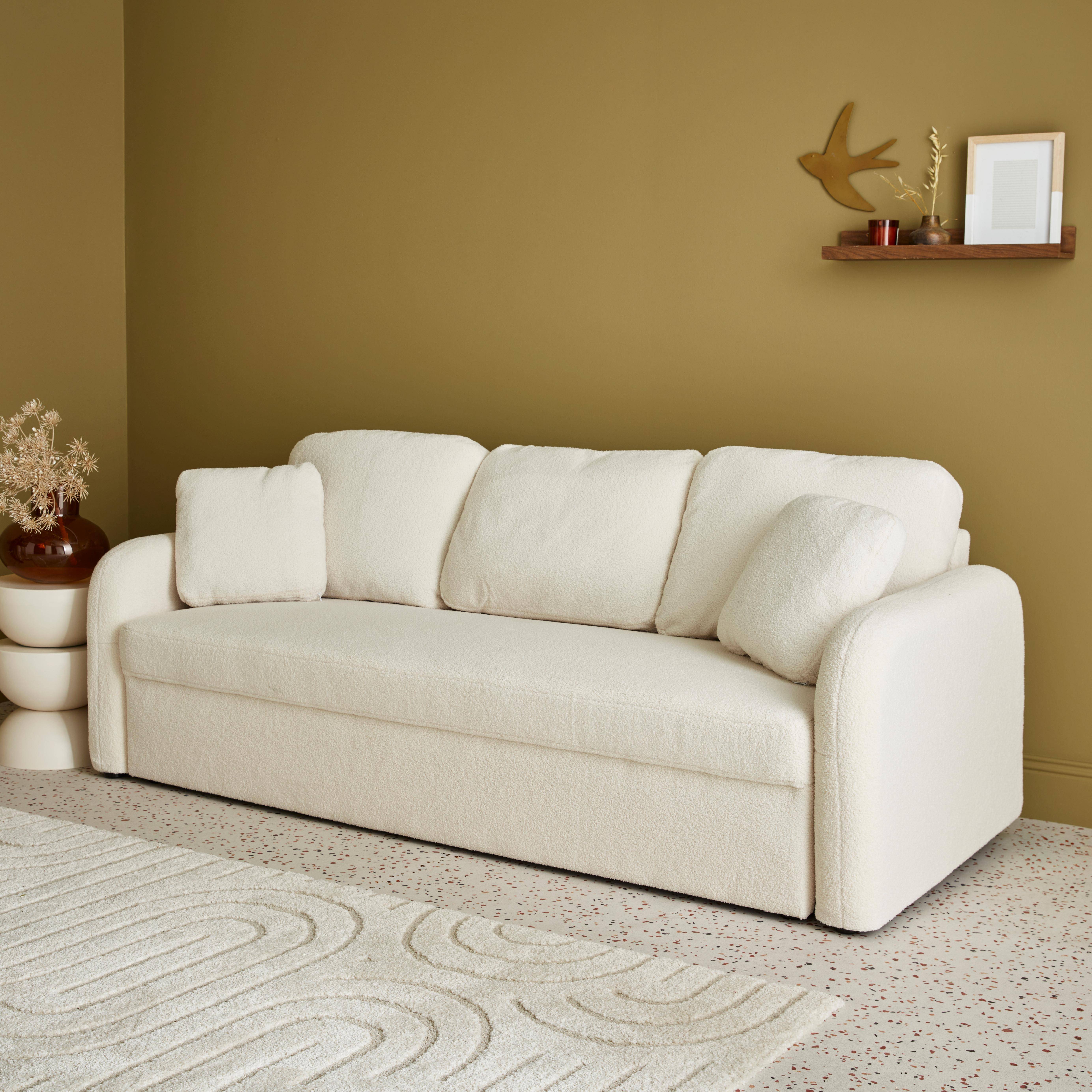 3-Sitzer-Sofa mit weißem Teddy Bouclé-Bezug, abgerundete Linien, Milano, B 210 x T 85 x H 85cm Photo2