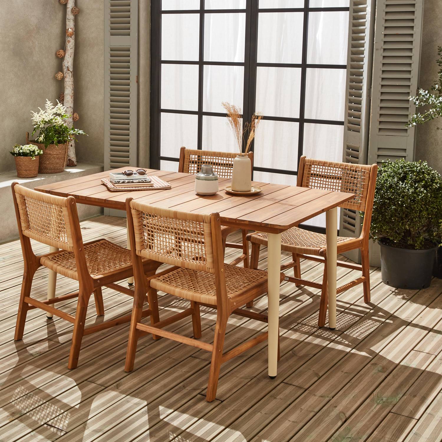 Essgruppe mit Gartentisch 150 cm aus Holz und Metall, elfenbein + 4 Stühle Ocara, Holz und Geflecht - Maringa / Ocara Photo1