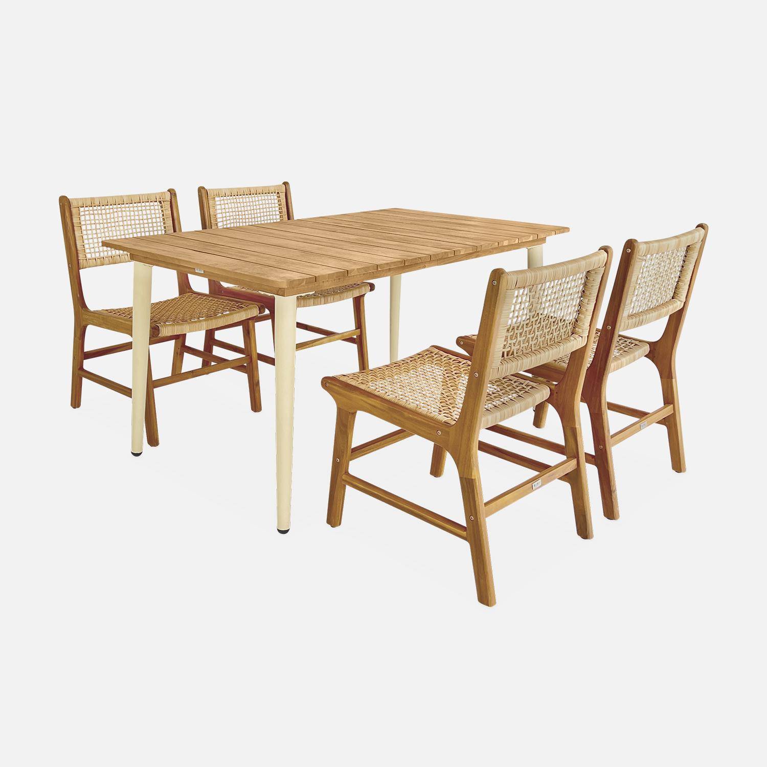 Table de jardin MARINGA bois et métal ivoire, 150cm + 4 chaises de jardin Ocara, cannage et bois,sweeek,Photo3