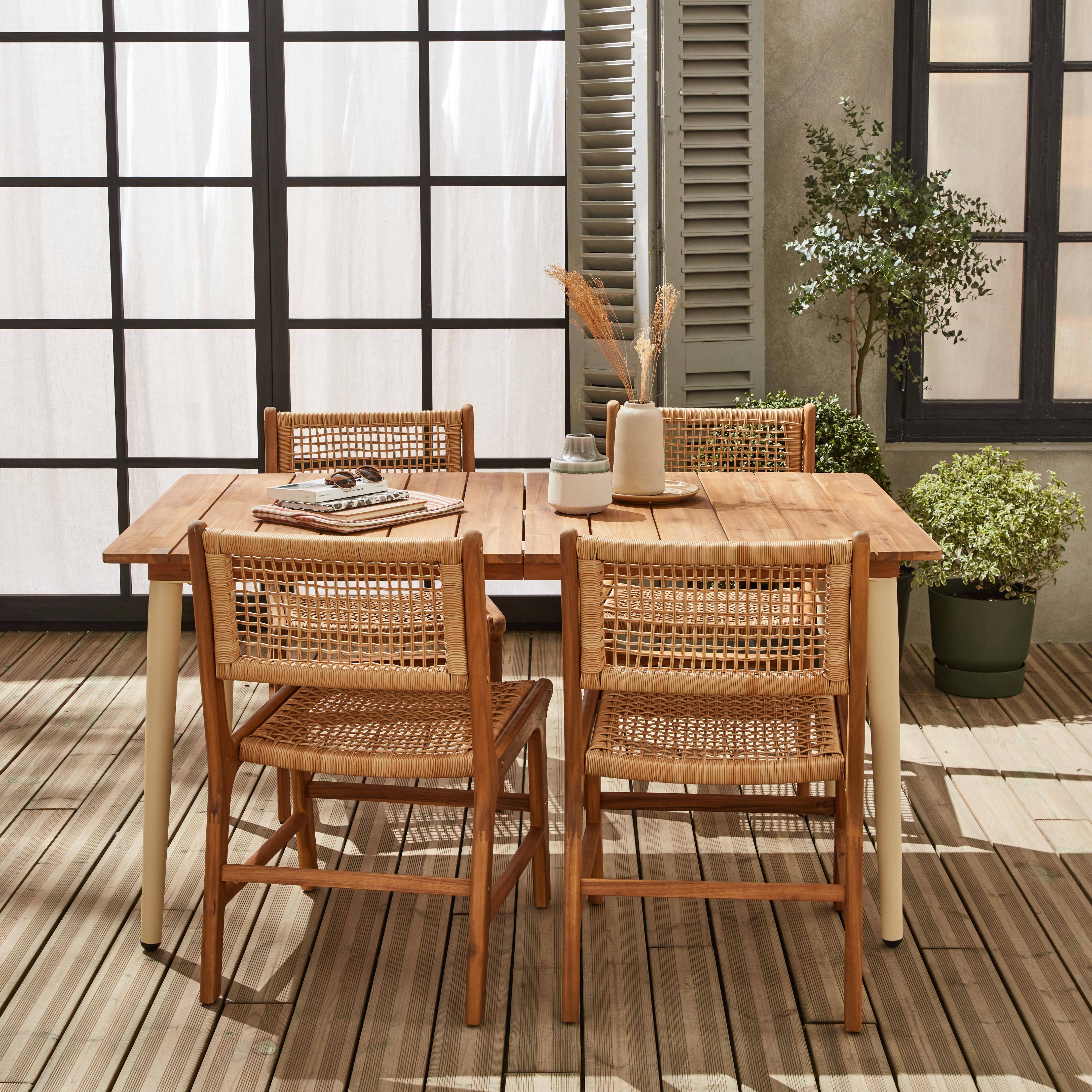 Table de jardin MARINGA bois et métal ivoire, 150cm + 4 chaises de jardin Ocara, cannage et bois Photo2