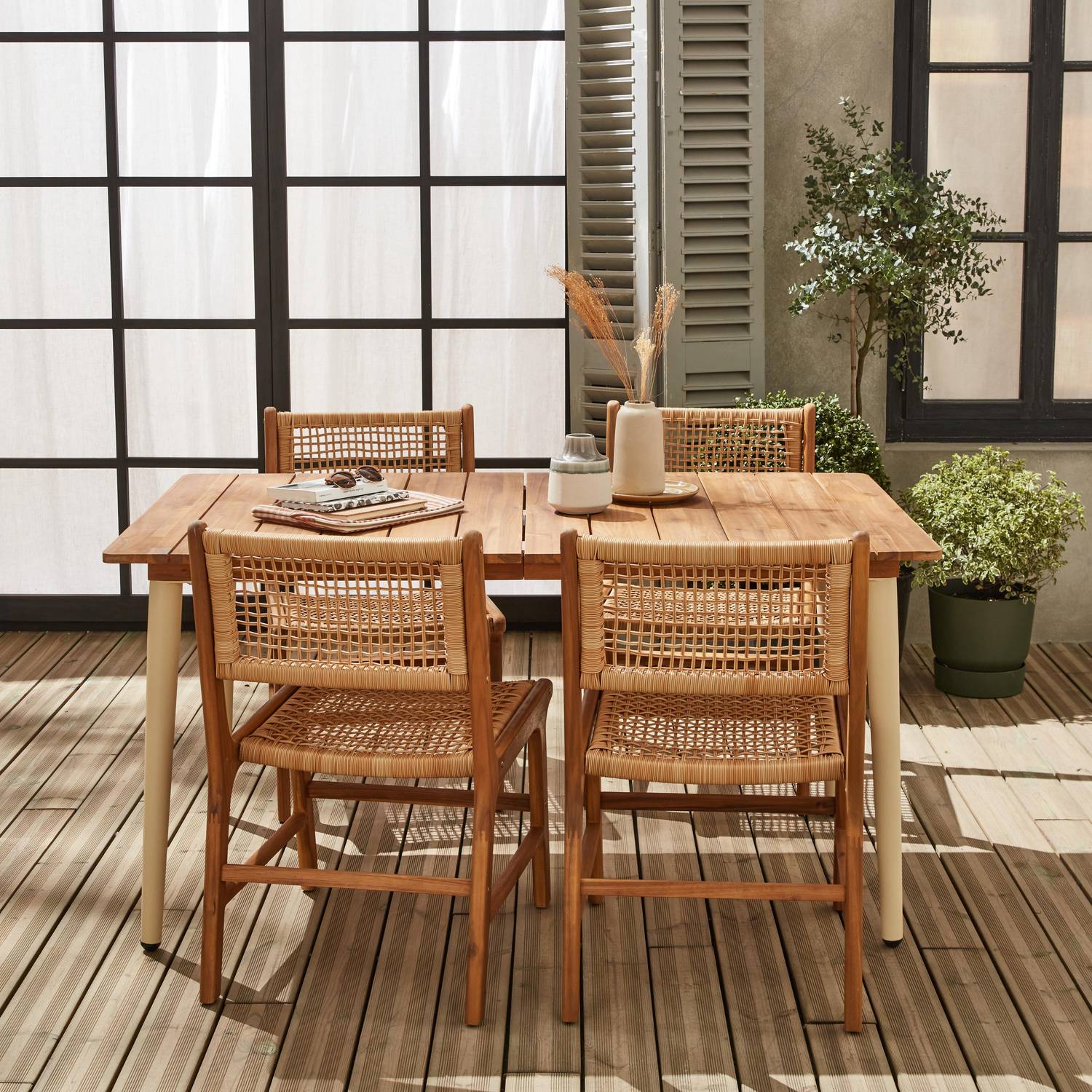Essgruppe mit Gartentisch 150 cm aus Holz und Metall, elfenbein + 4 Stühle Ocara, Holz und Geflecht - Maringa / Ocara Photo2