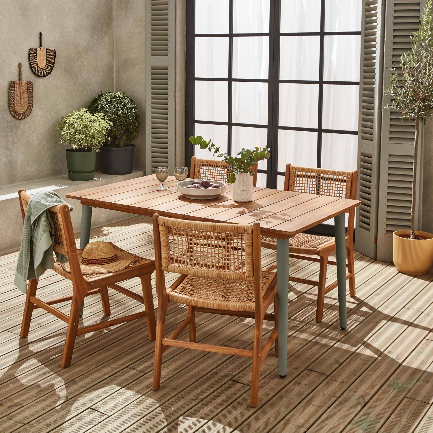 Table de jardin MARINGA bois et métal savane, 150cm + 4 chaises de jardin Ocara, cannage et bois Photo1