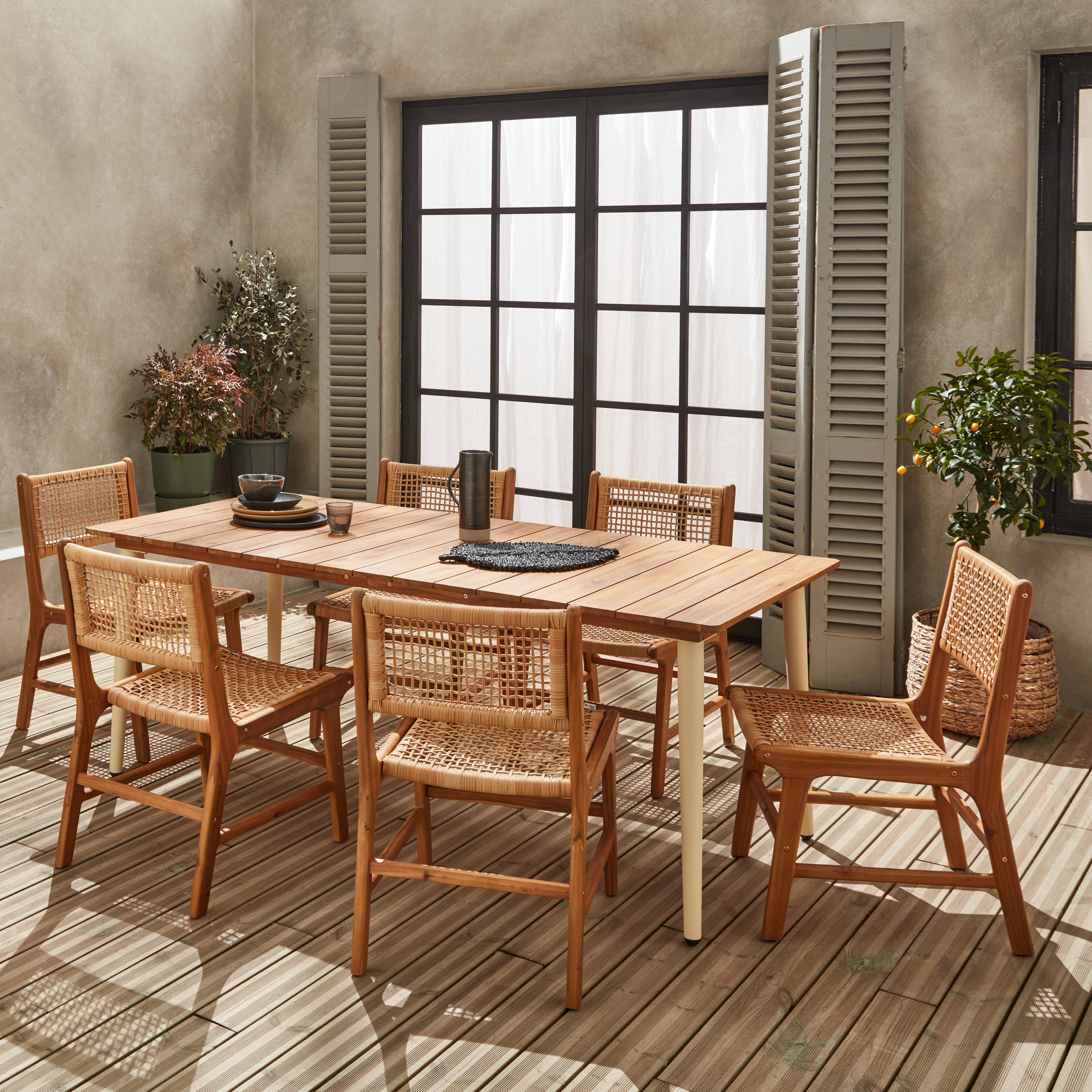 Table de jardin bois et métal ivoire MARINGA, 200cm + Lot de 6 chaises de jardin Ocara, cannage et bois Photo2
