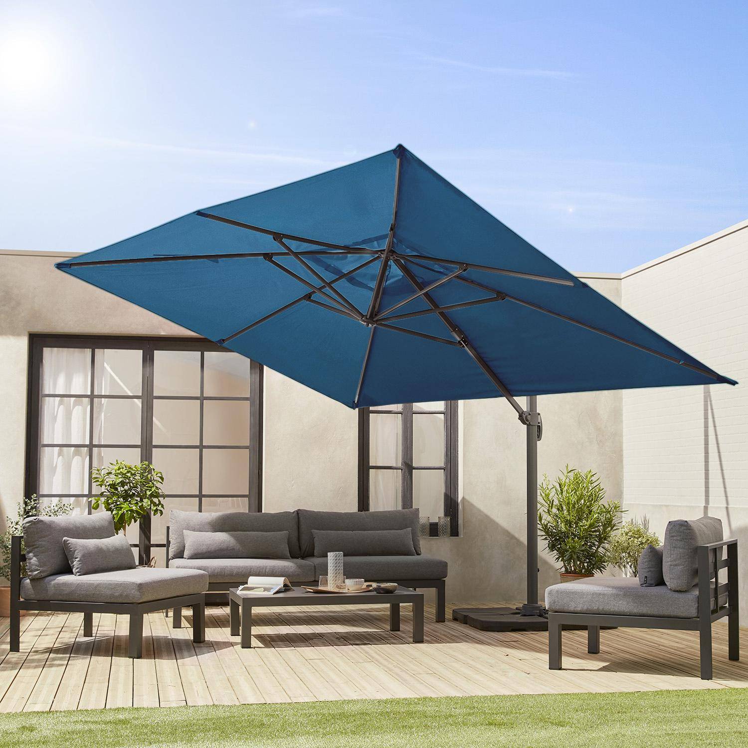 Eend blauwe rechthoekige parasol 3x4m + verzwaarde tegels 50x50cm,sweeek,Photo2