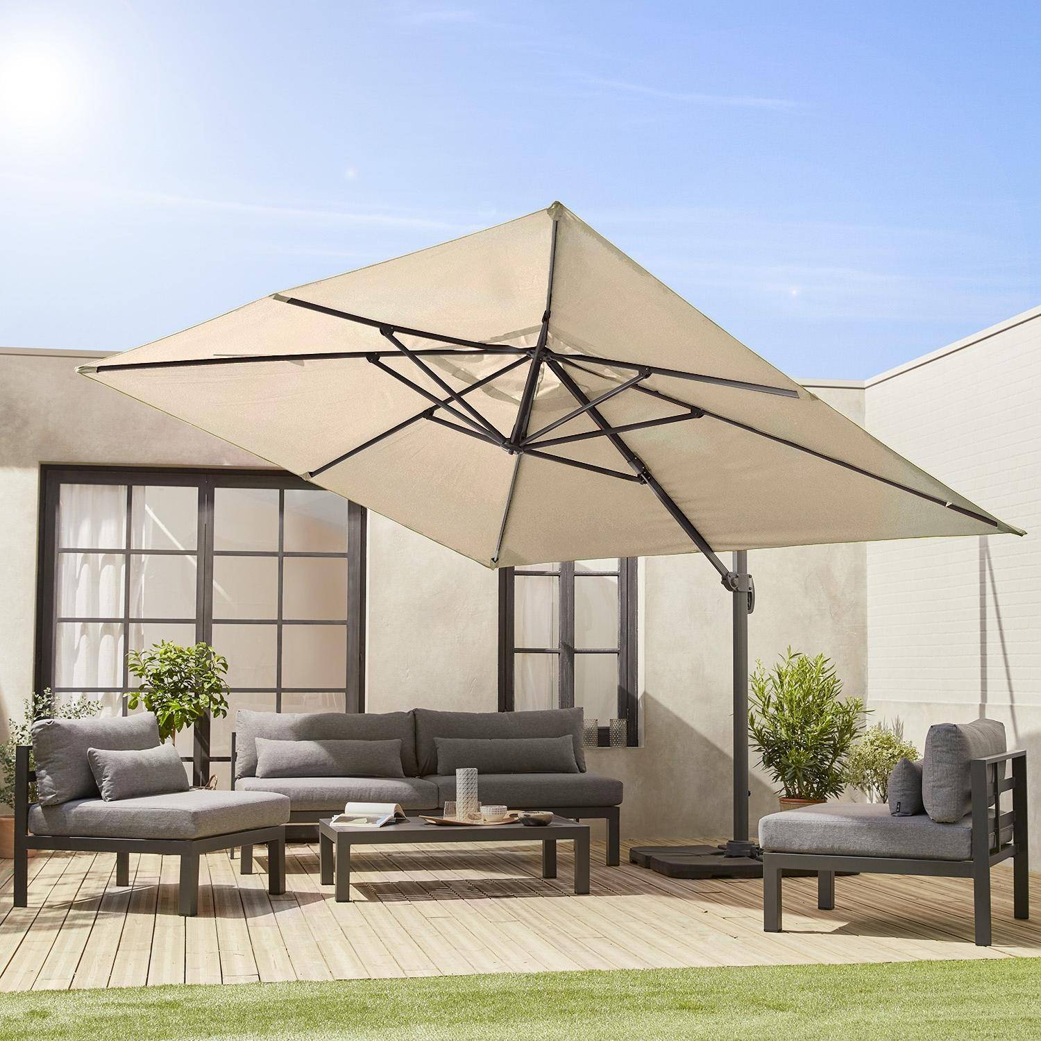 Sombrilla 3x4m rectangular y platos con peso, Wimereux + losas 50x50cm, Beige, 380x286x259 cm Photo2