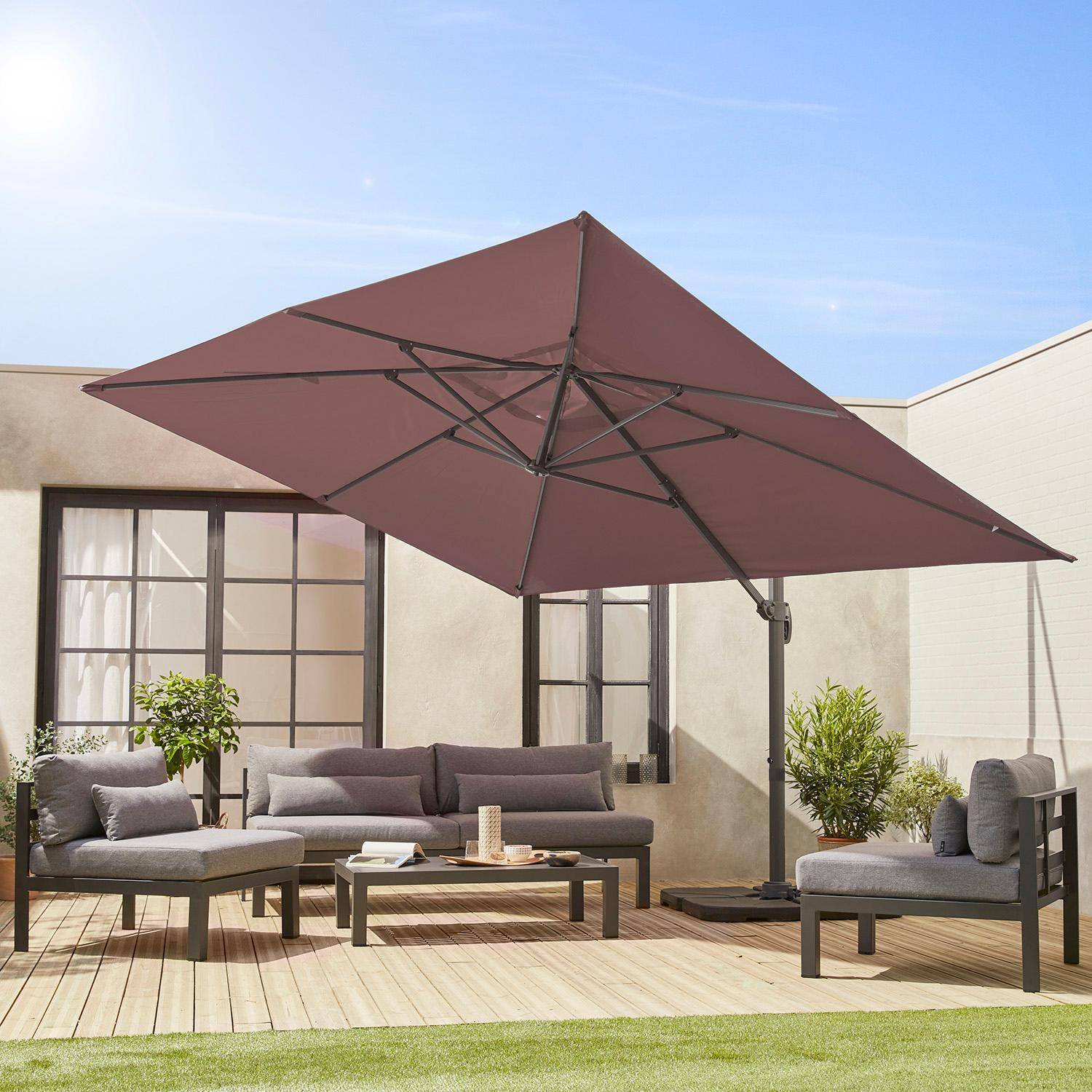 3x4m Offset rectangular parasol +  50x50cm weighted slabs , Wimereux + Slabs , Beige-brown, 300 x 400 cm Photo2