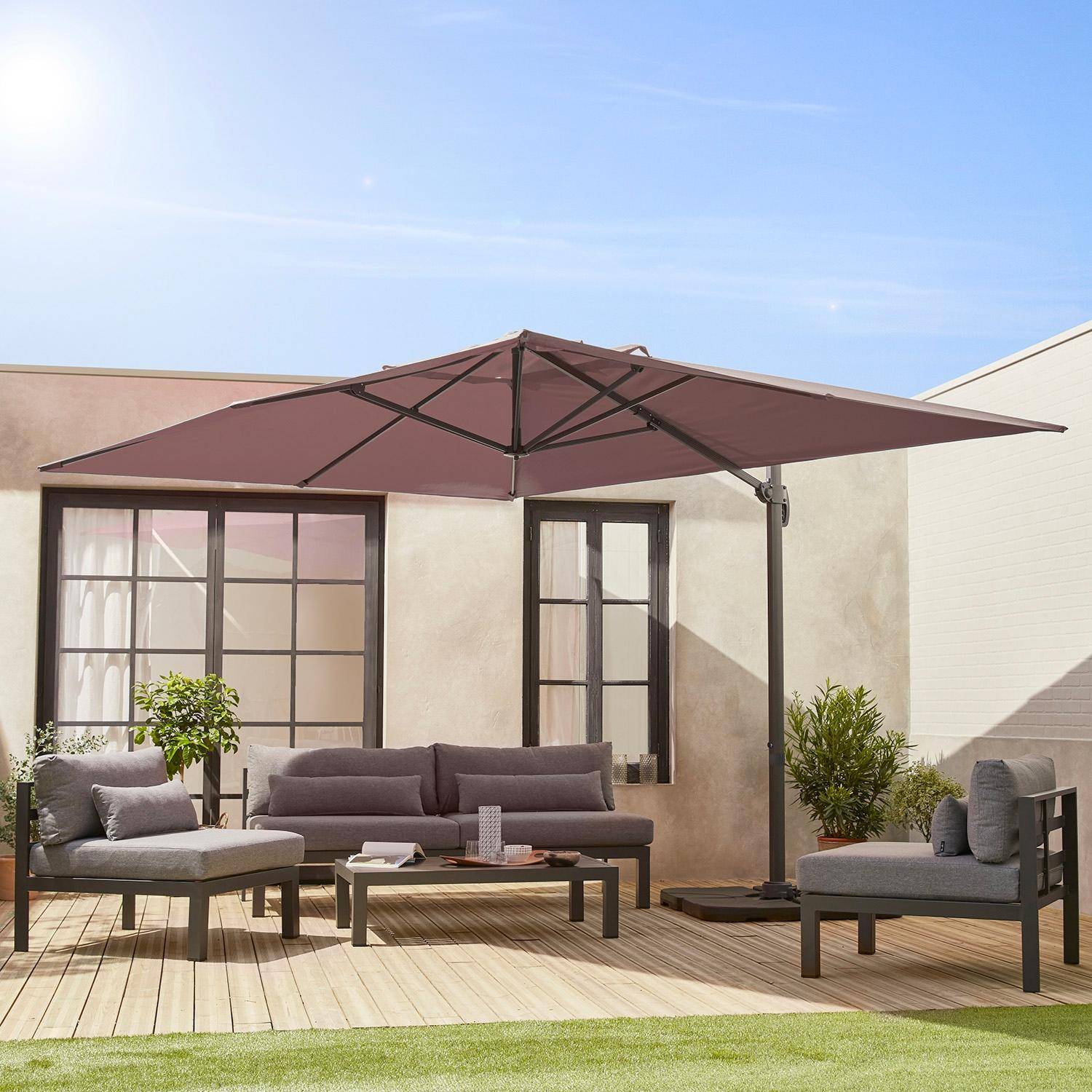 Sombrilla 3x4m rectangular y platos con peso, Wimereux + losas 50x50cm, Pardo, 380x286x259 cm,sweeek,Photo1