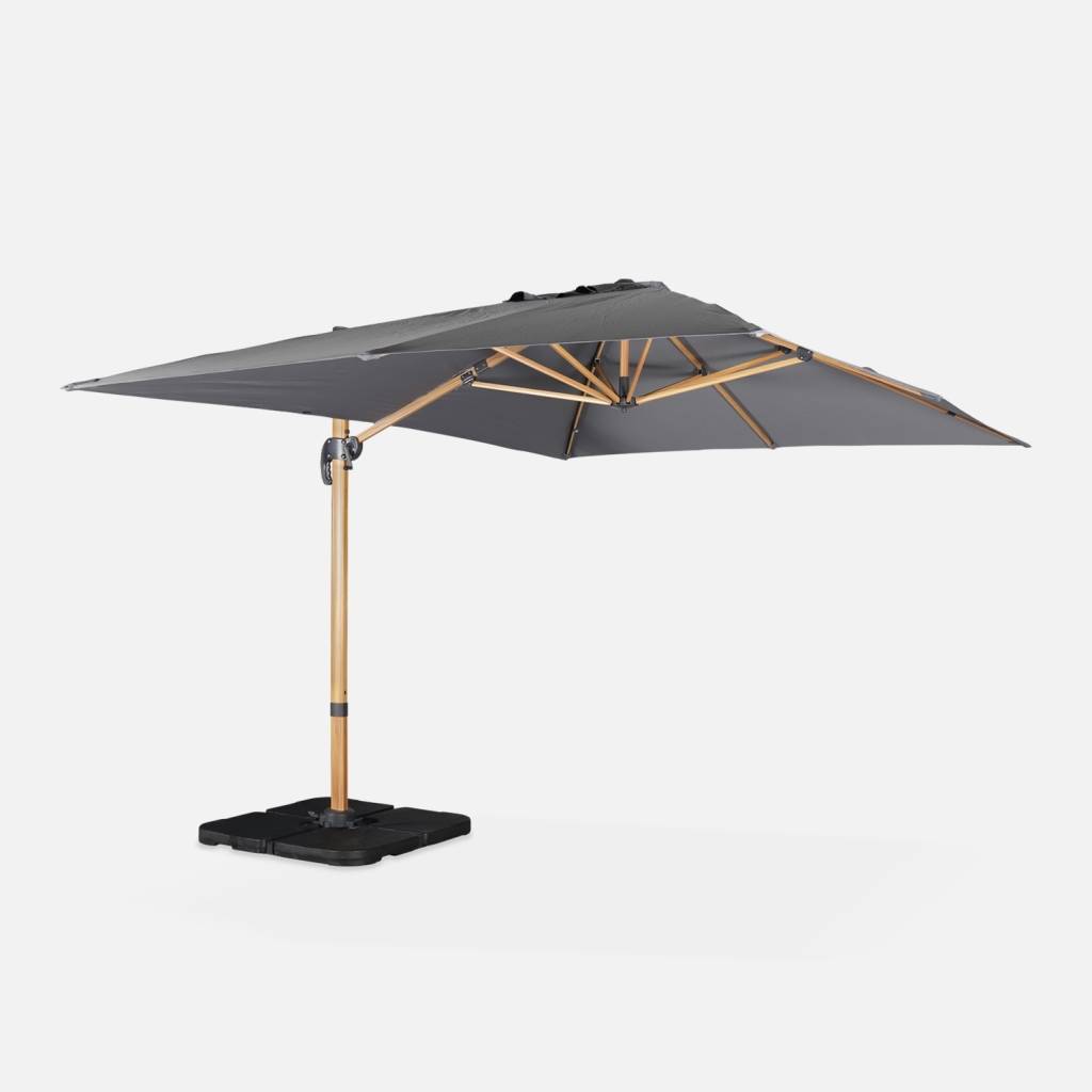 Parasol gris 3x4m, mât effet bois + Dalles