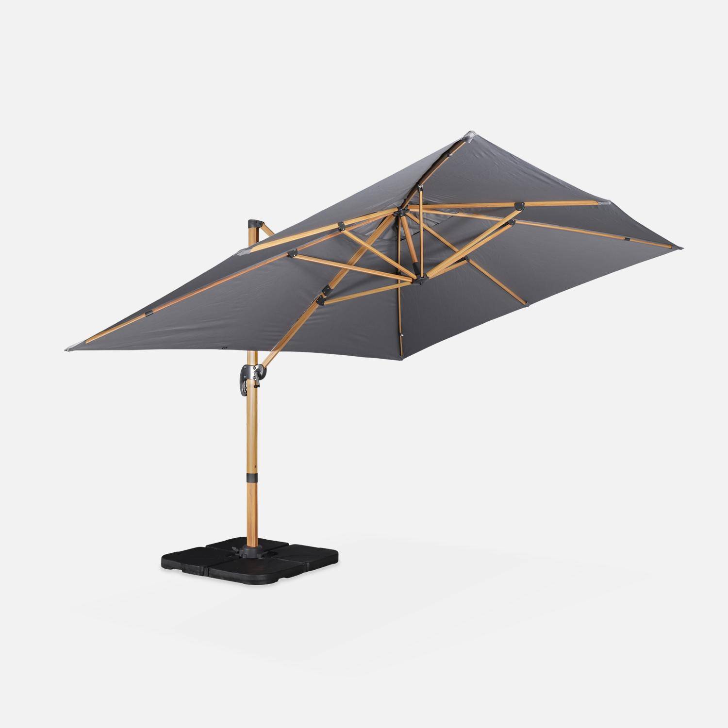 Rechthoekige grijze parasol 3x4m, paal met houteffect, verzwaarde tegels 50x50cm Photo5