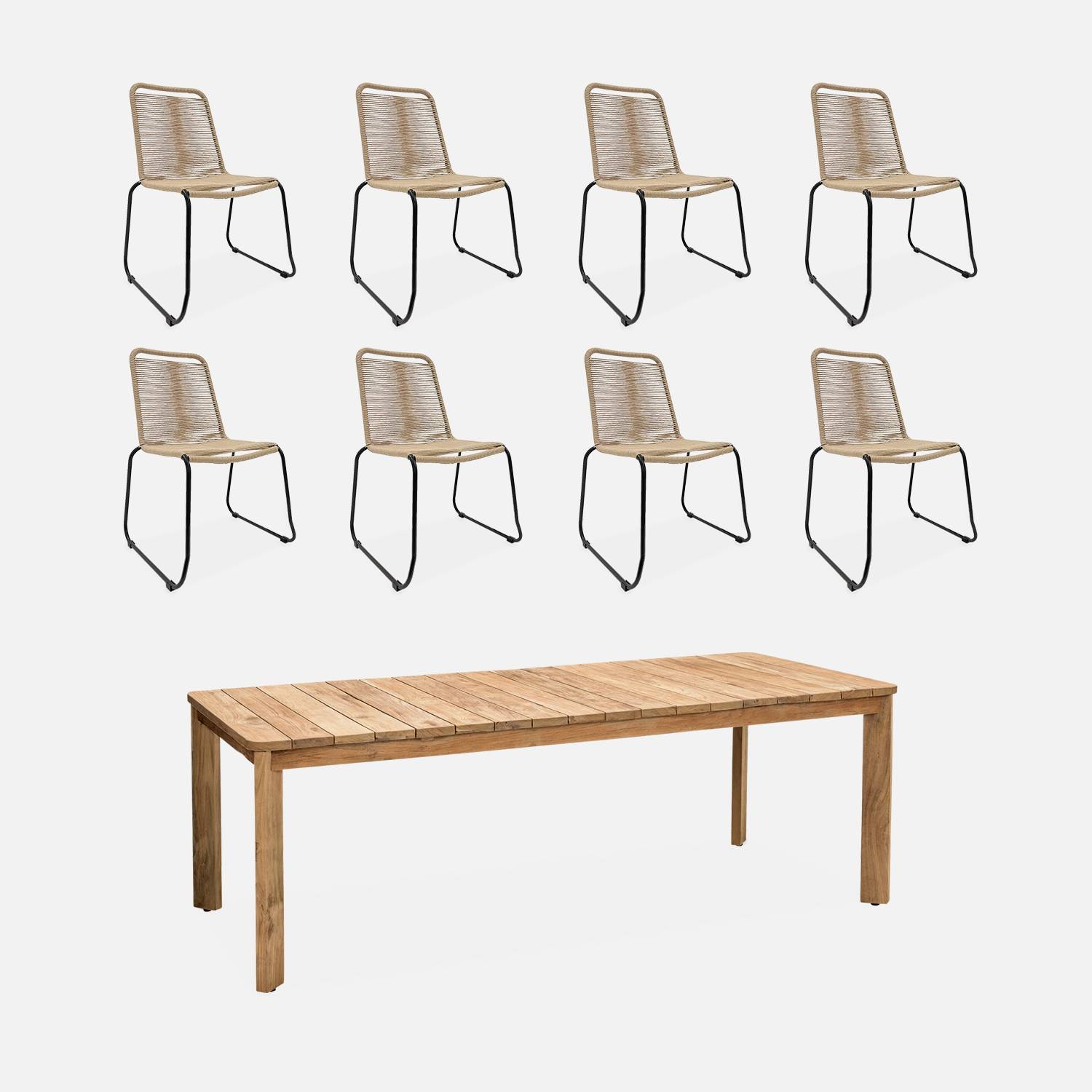 Teakhouten tafel + 8 beige stoelen  | sweeek