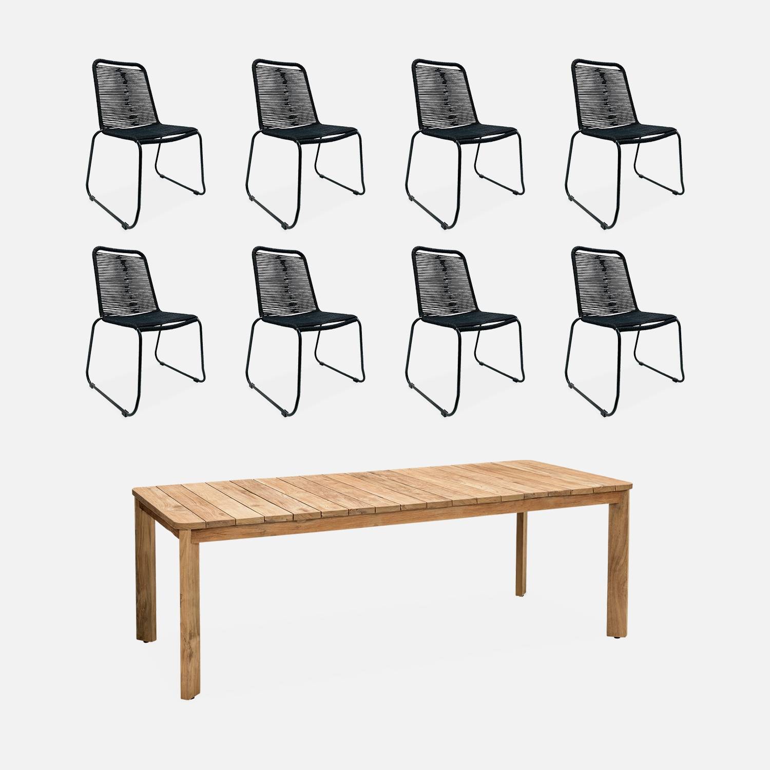 Tisch aus recyceltem Teakholz + 8 Stühle mit schwarzer Bespannung | sweeek