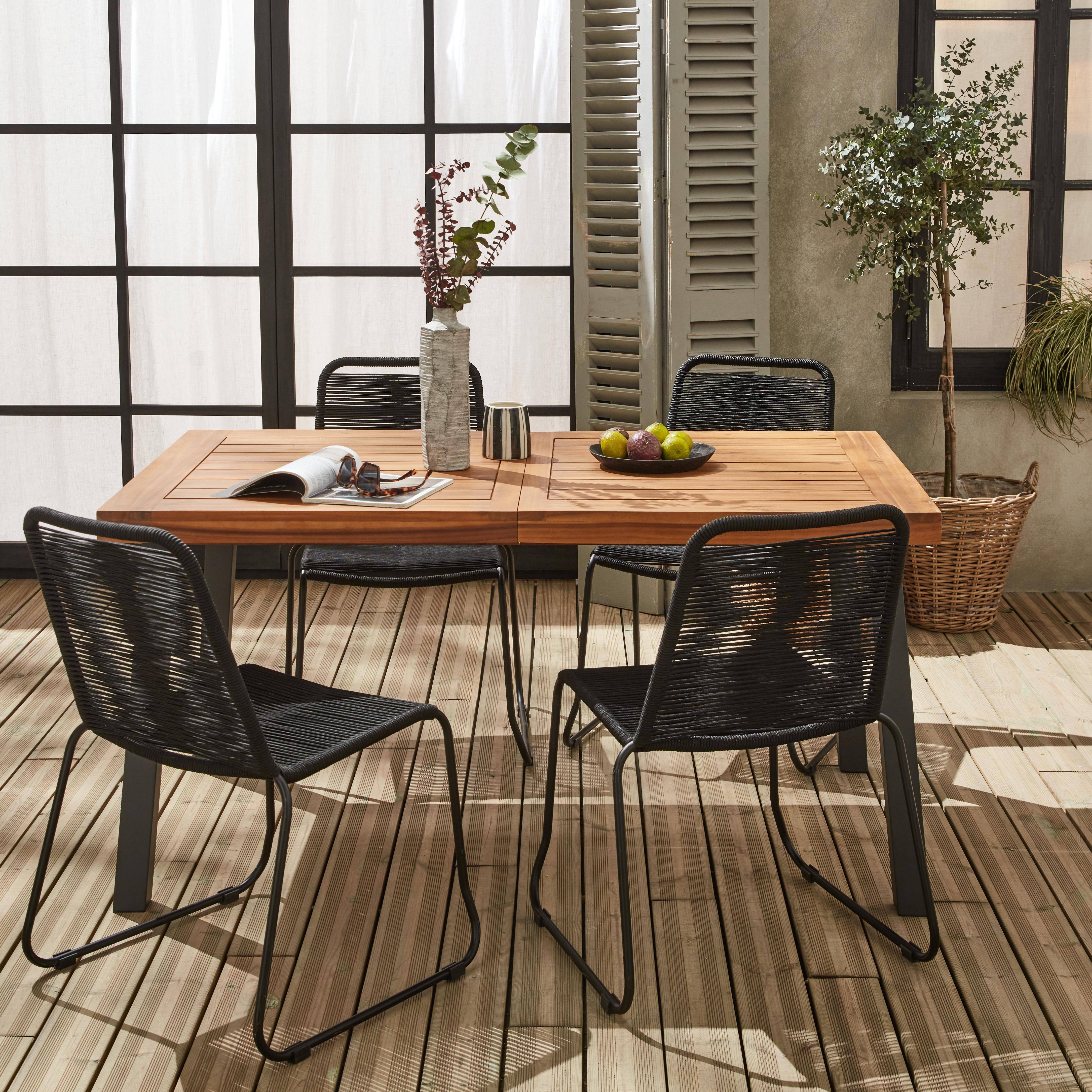 Table intérieur / extérieur Santana en bois et métal, 150cm + 4 chaises en corde BRASILIA noires, empilables,sweeek,Photo2