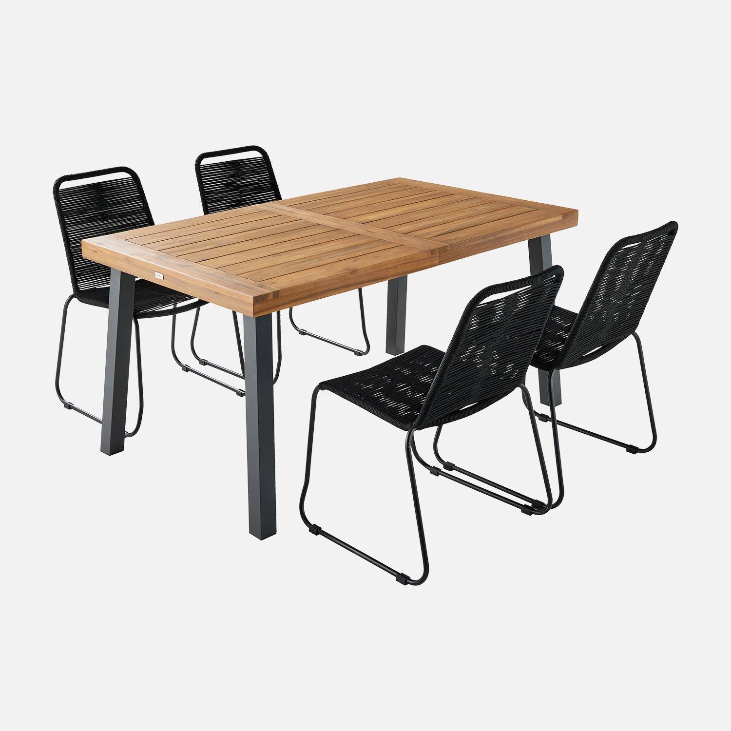 Table intérieur / extérieur Santana en bois et métal, 150cm + 4 chaises en corde BRASILIA noires, empilables Photo3
