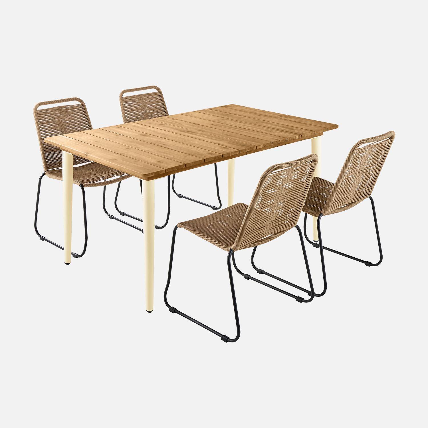 Gartentisch 150 cm aus Holz und Metall, elfenbeinfarben - Maringa + 4 stapelbare Stühle mit beiger Bespannung - Brasilia Photo3