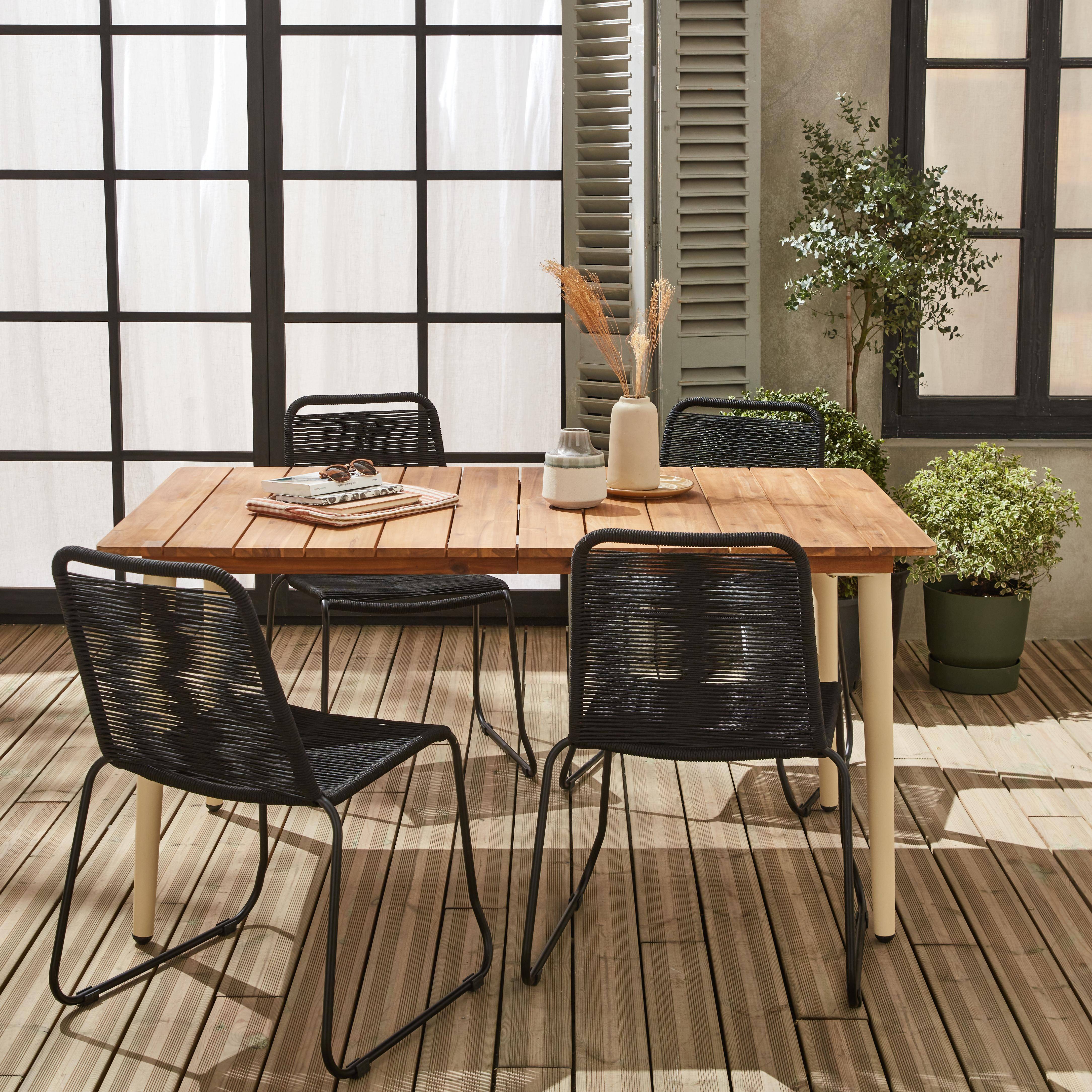 Gartentisch 150 cm aus Holz und Metall, elfenbeinfarben - Maringa + 4 stapelbare Stühle mit schwarzer Bespannung - Brasilia ,sweeek,Photo1