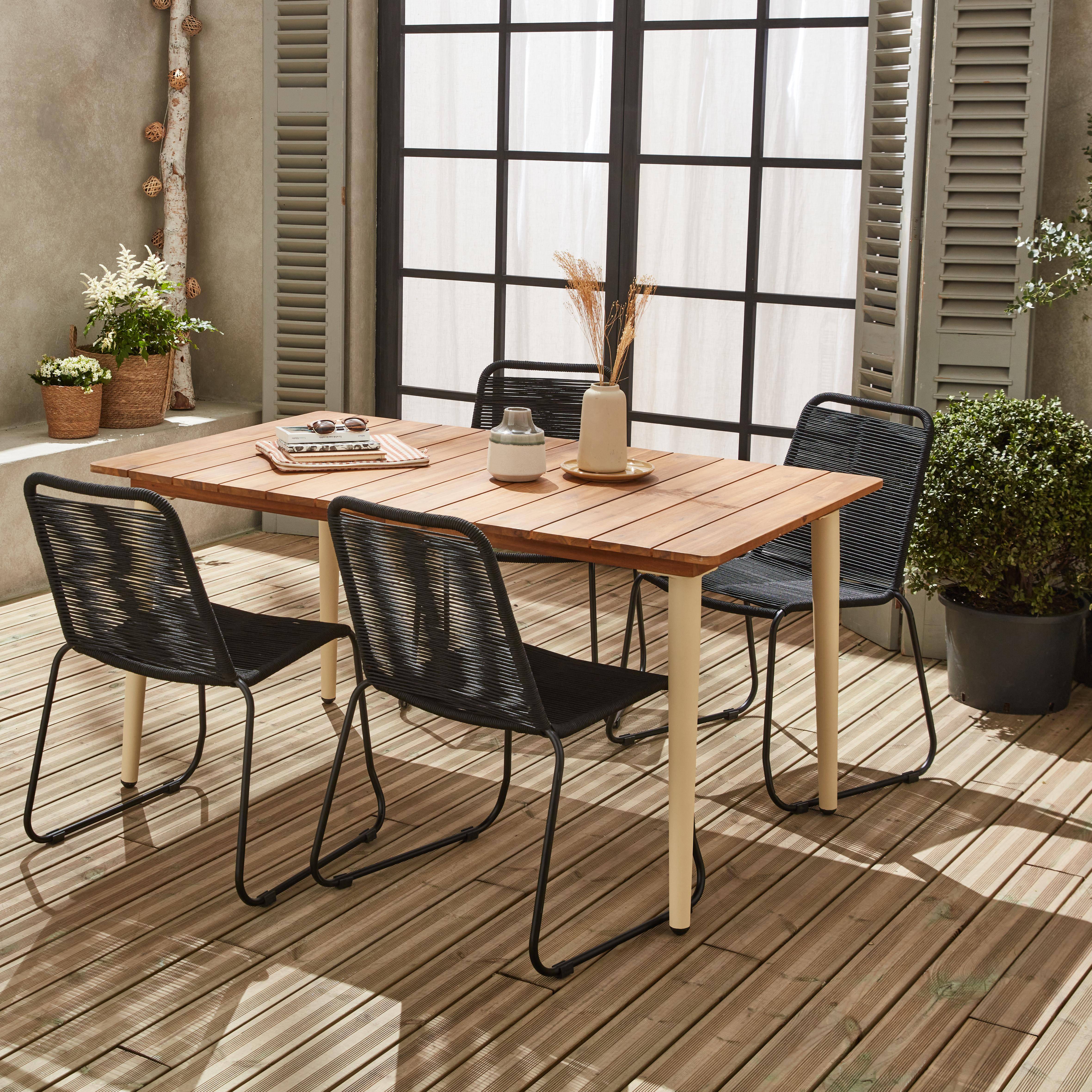 Gartentisch 150 cm aus Holz und Metall, elfenbeinfarben - Maringa + 4 stapelbare Stühle mit schwarzer Bespannung - Brasilia ,sweeek,Photo2