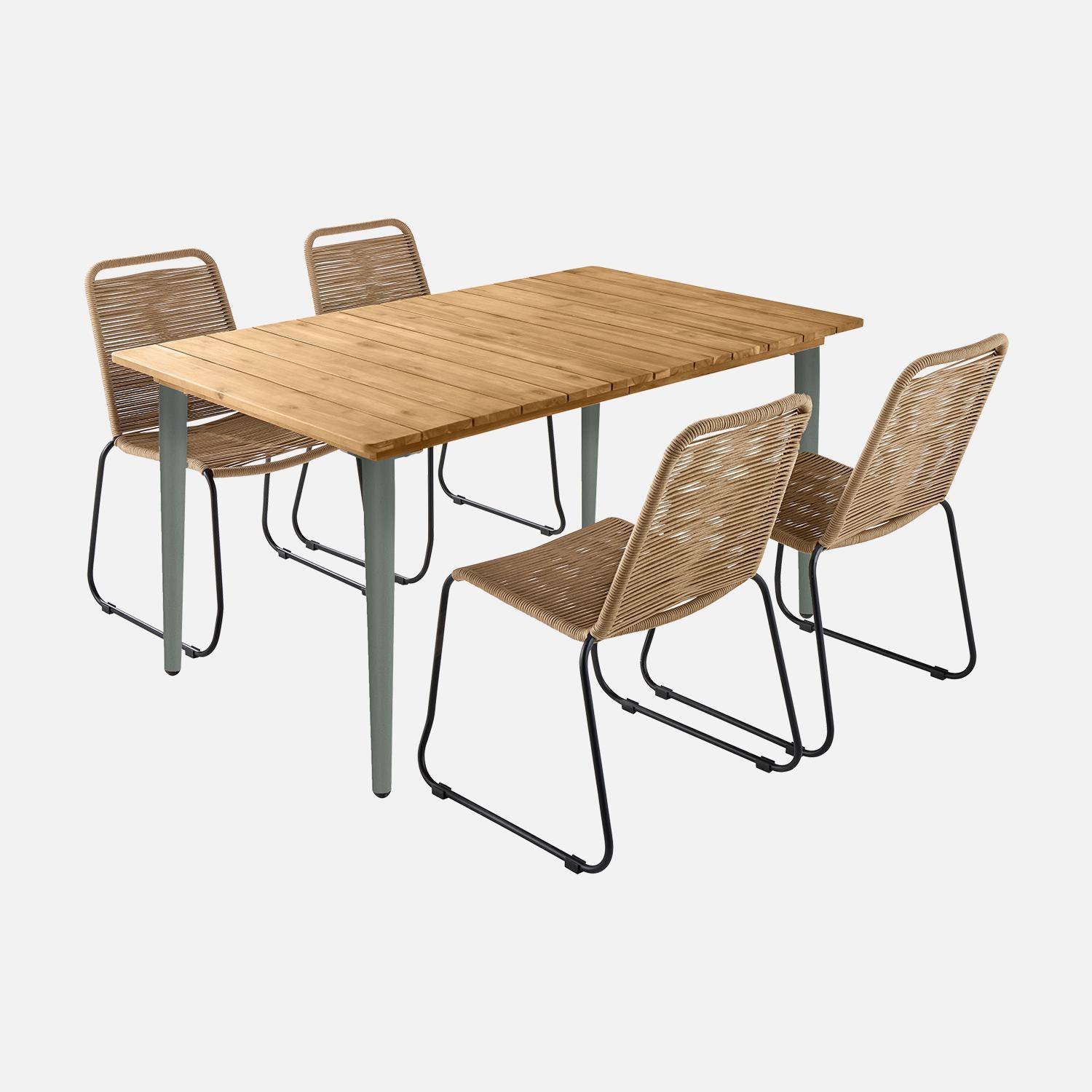 Table de jardin MARINGA bois et métal savane 150cm + 4 chaises de jardin en corde beige BRASILIA, empilables,sweeek,Photo3