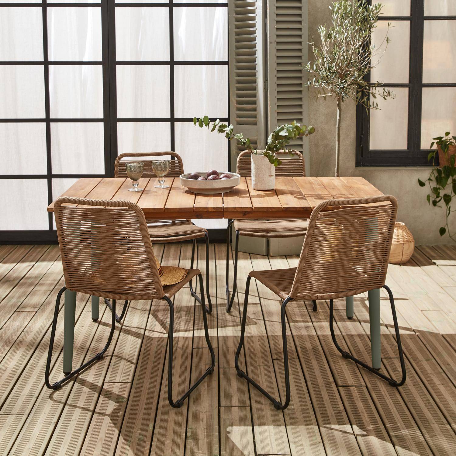 Table de jardin MARINGA bois et métal savane 150cm + 4 chaises de jardin en corde beige BRASILIA, empilables,sweeek,Photo1