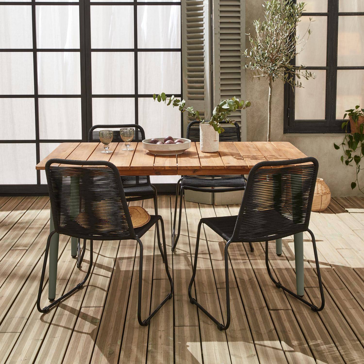 Table de jardin MARINGA bois et métal savane 150cm + 4 chaises de jardin en corde noire BRASILIA, empilables,sweeek,Photo2