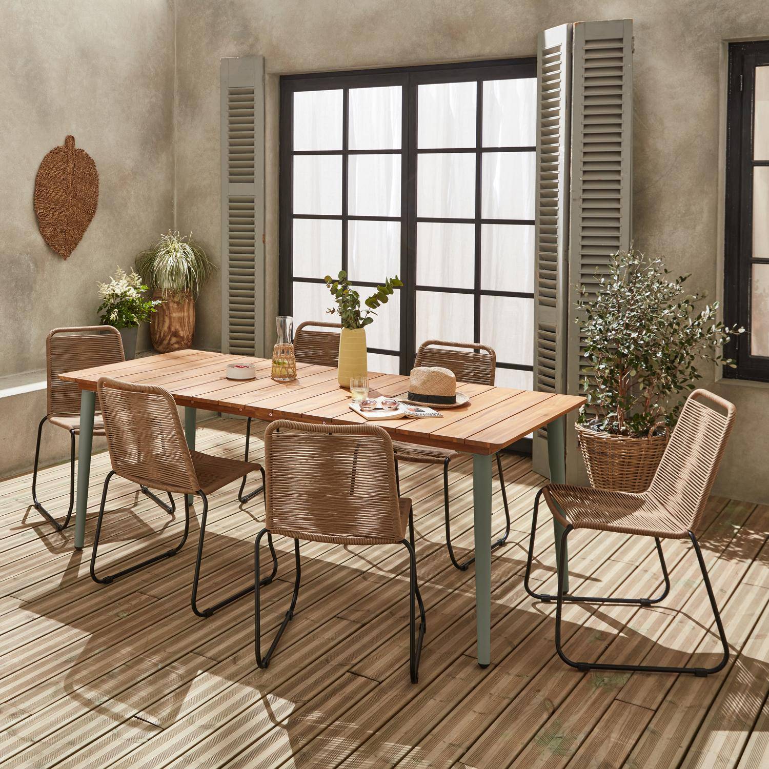Table de jardin bois et métal savane MARINGA, 200cm + 6 chaises de jardin en corde beige BRASILIA Photo2