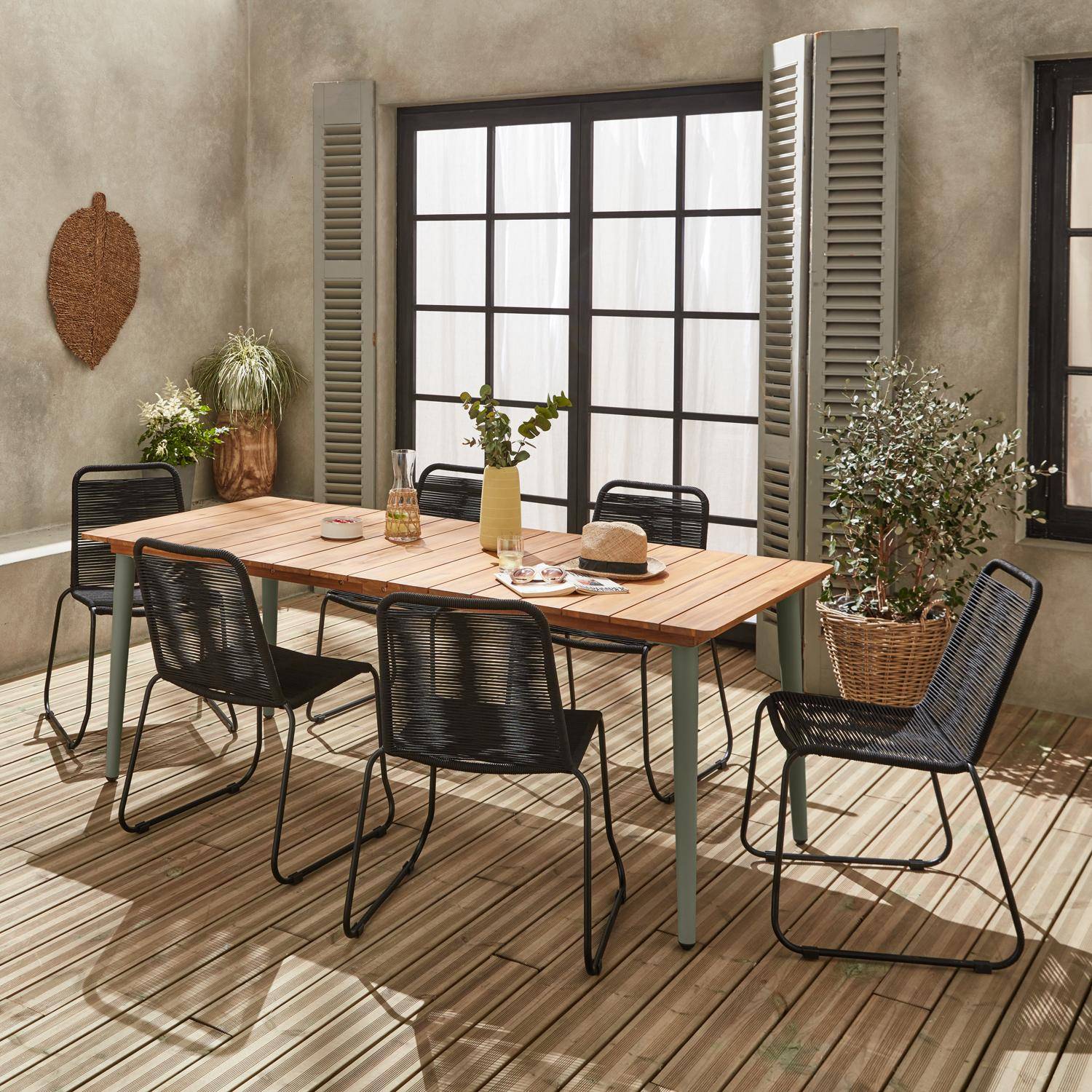 Table de jardin bois et métal savane MARINGA, 200cm + 6 chaises de jardin en corde noir BRASILIA Photo2