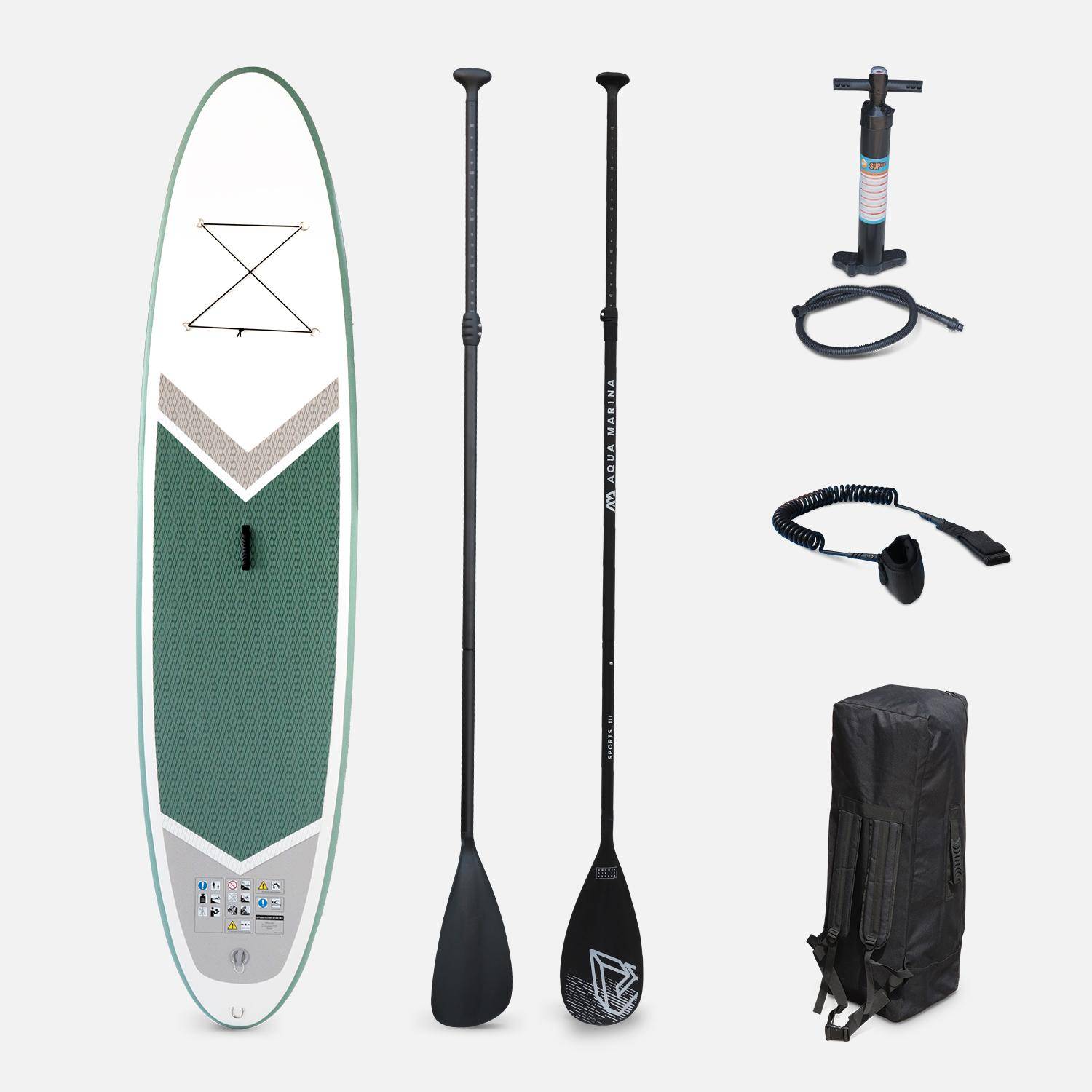 Pack stand up paddle gonflable vert de gris 10’10" avec pompe haute pression simple action, leash et sac de rangement et 2 pagaies Photo1