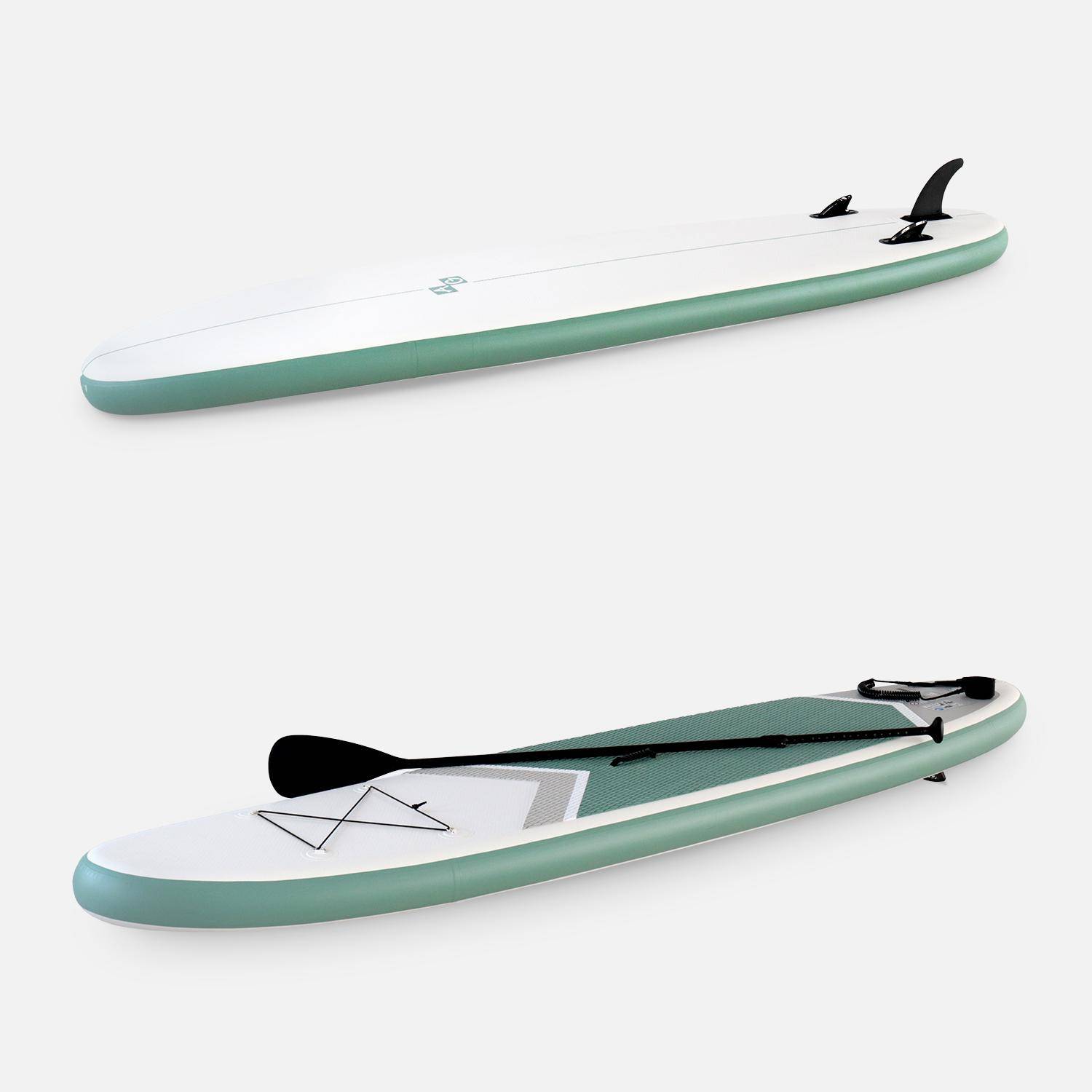 Pack stand up paddle gonflable vert de gris 10’10" avec pompe haute pression simple action, leash et sac de rangement et 2 pagaies Photo2
