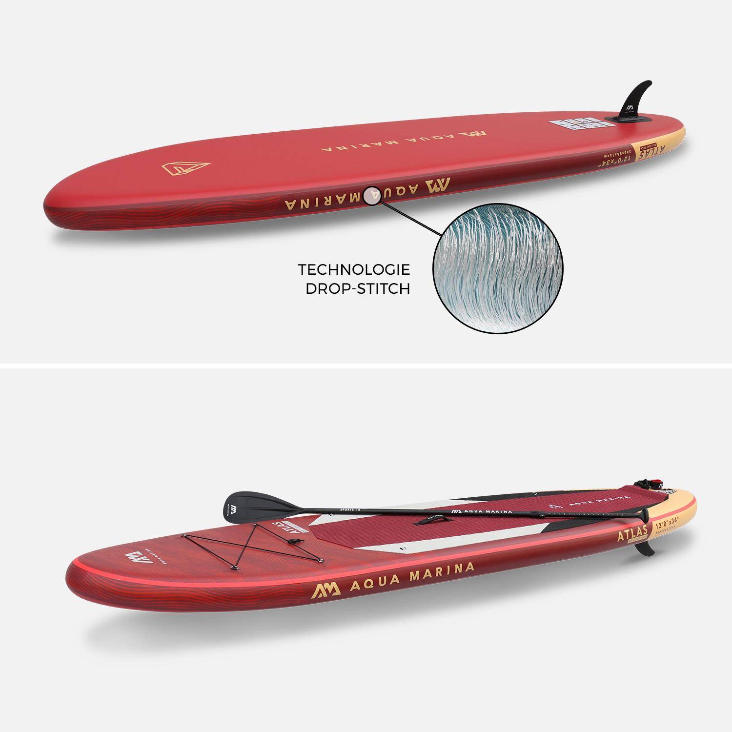 Stand Up Paddle Gonflable – Atlas 12' - avec pompe haute pression, pagaie, leash et sac de rangement inclus + Siège de kayak Photo2
