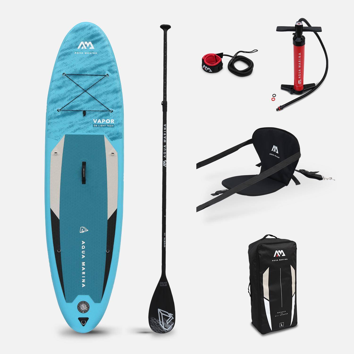 Pack stand up paddle gonflable Vapor 10'4" avec pompe haute pression double action, pagaie, leash et sac de rangement + Siège de kayak Photo1